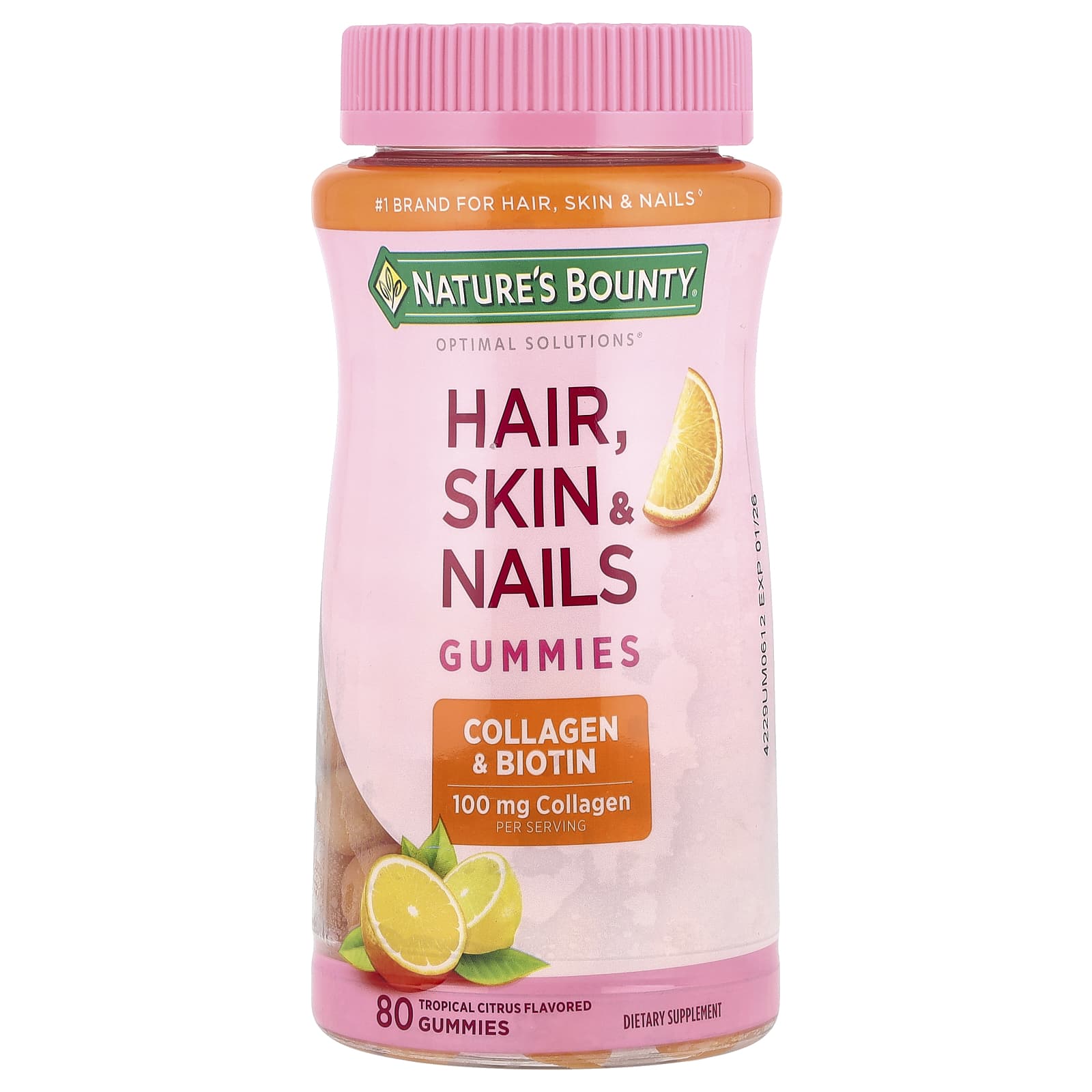 Nature's Bounty, Optimal Solutions®, Hair, Skin, & Nails Gummies, Collagen & Biotin, Tropical Citrus, 80 Gummies