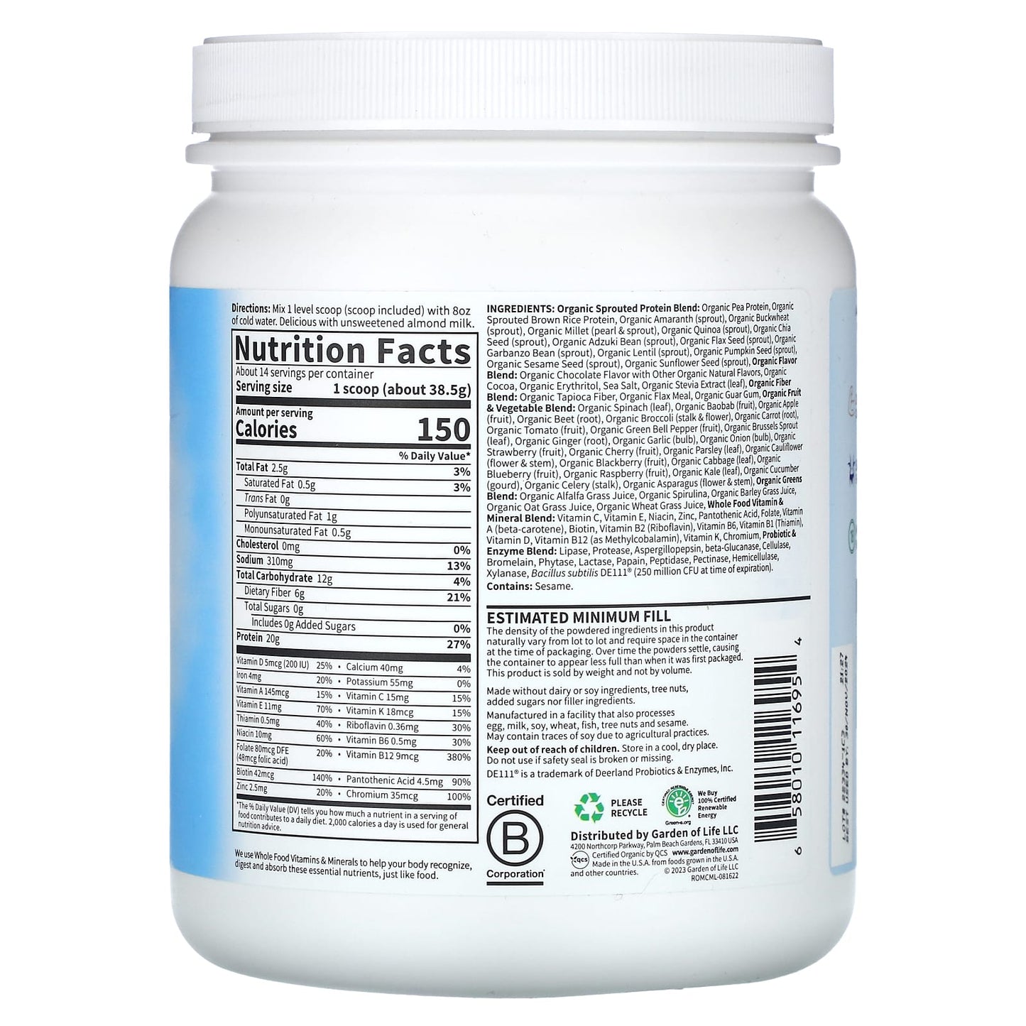 Garden of Life RAW Organic Meal Replacement Shake, Chocolate, 1 lb 3.01 oz (539 g) - Image 2