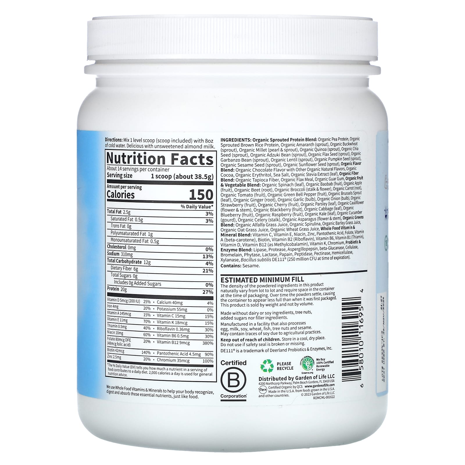 Garden of Life RAW Organic Meal Replacement Shake, Chocolate, 1 lb 3.01 oz (539 g) - Image 2