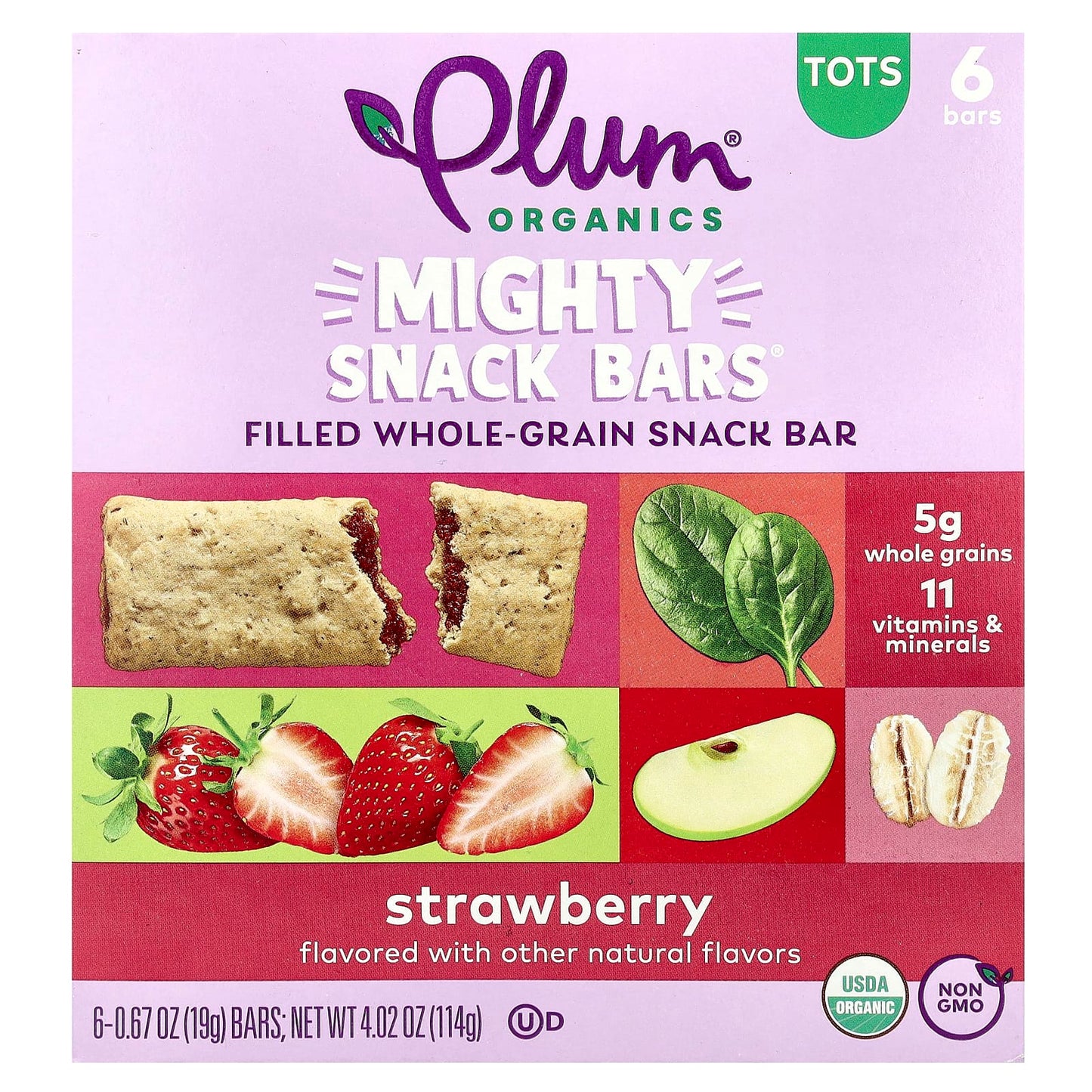 Plum Organics, Mighty Snack Bars®, Tots, Strawberry, 6 Bars, 0.67 oz (19 g) Each - Image 1
