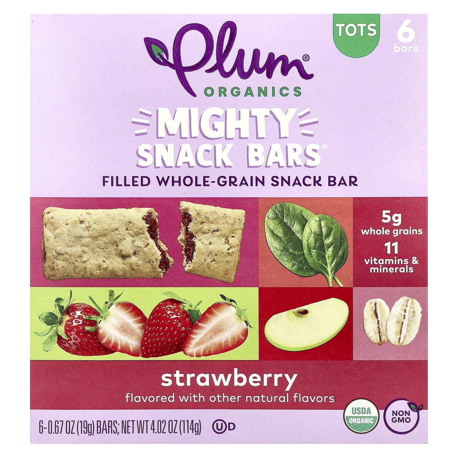 Plum Organics, Mighty Snack Bars®, Tots, Strawberry, 6 Bars, 0.67 oz (19 g) Each - Image 1
