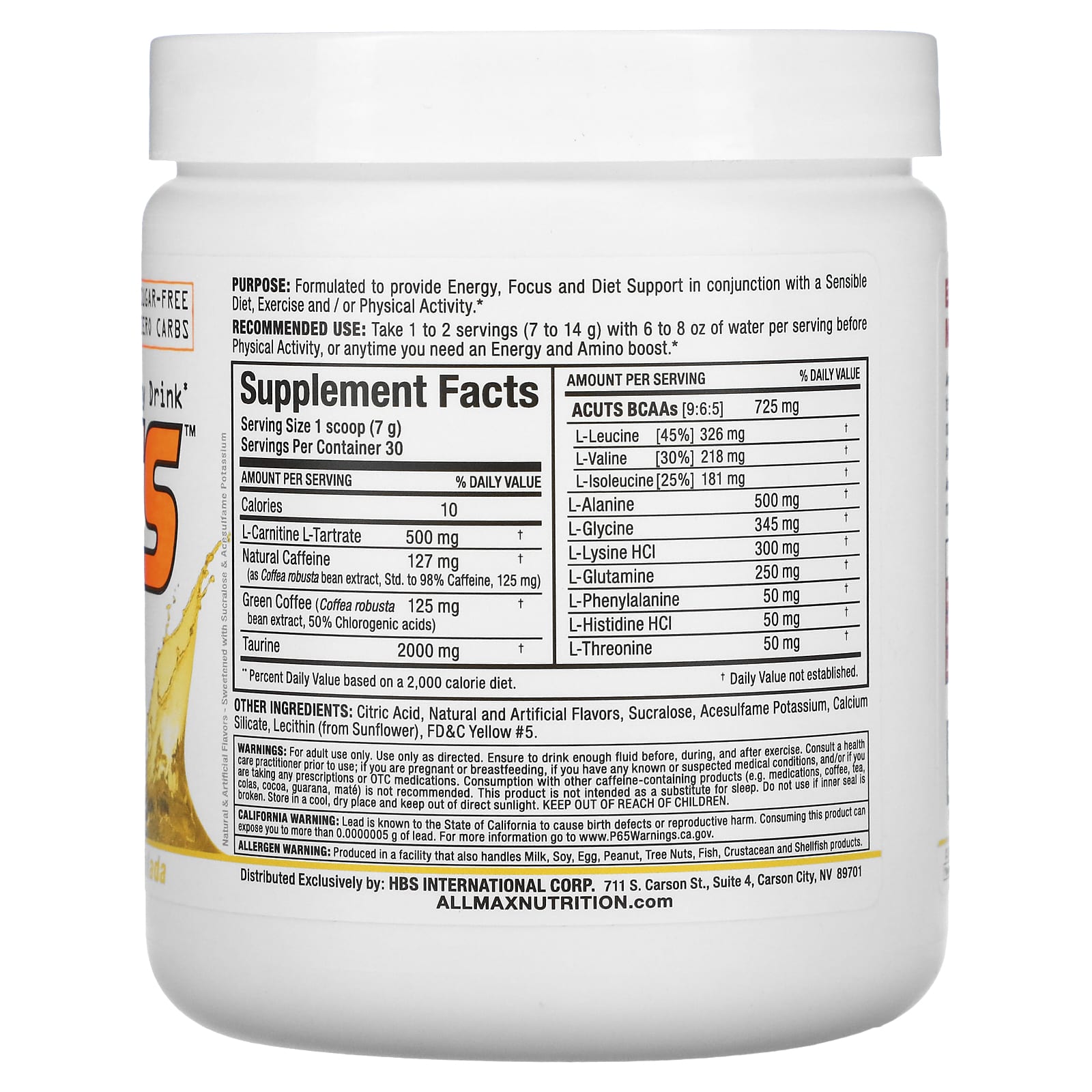 ALLMAX Amino-Charged Energy Drink, Pina Colada, 7.4 oz (210g) - Sugar-Free & Lean Muscle Support - Image 2