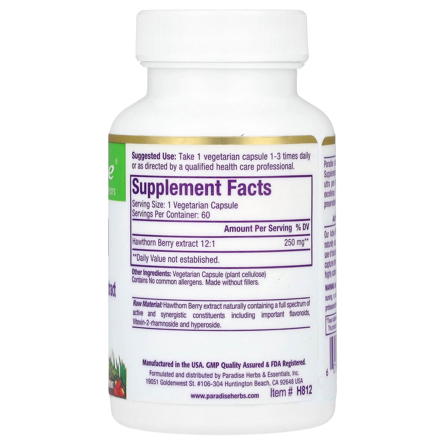 Paradise Herbs, Hawthorn, 250 mg, 60 Vegetarian Capsules - Image 2