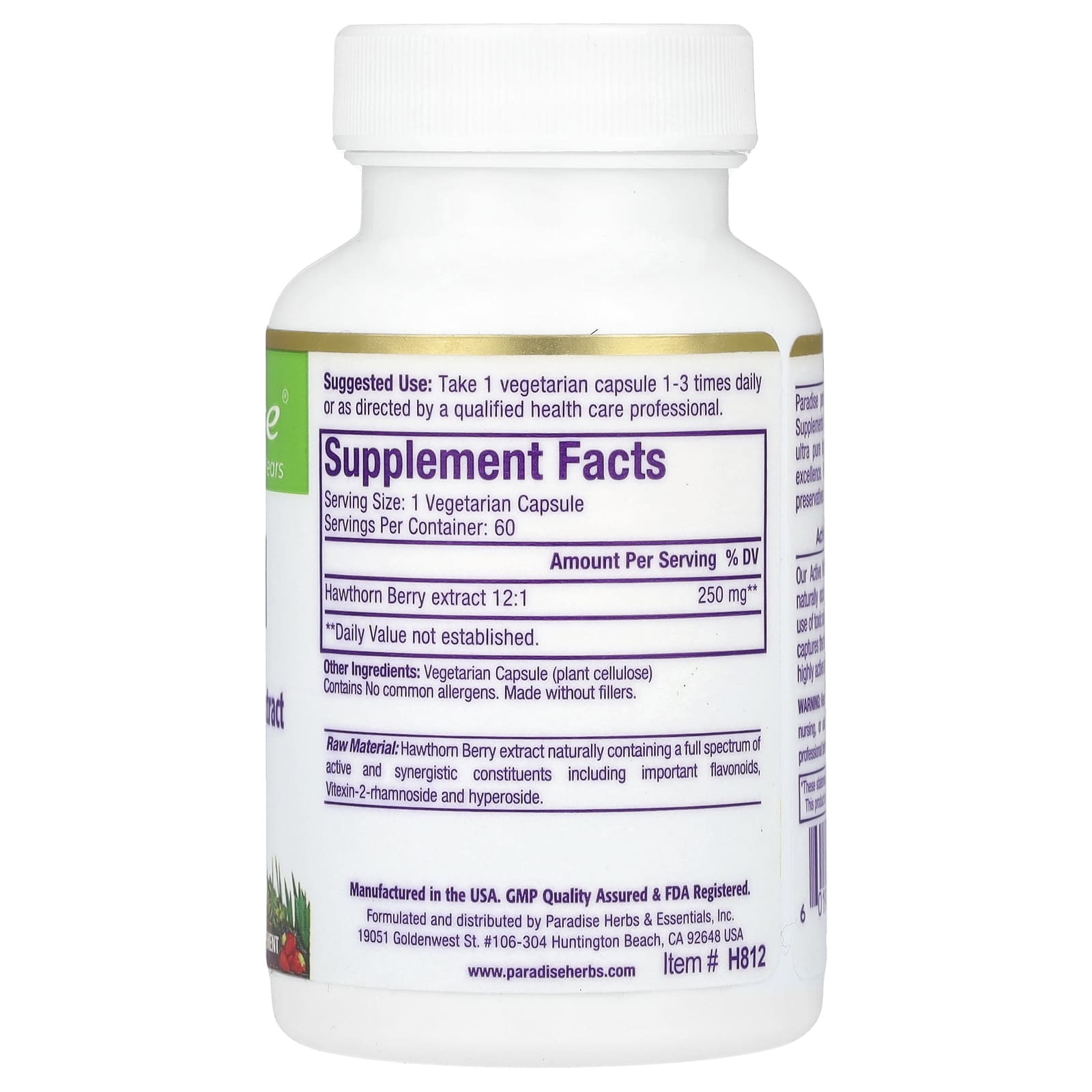 Paradise Herbs, Hawthorn, 250 mg, 60 Vegetarian Capsules - Image 2
