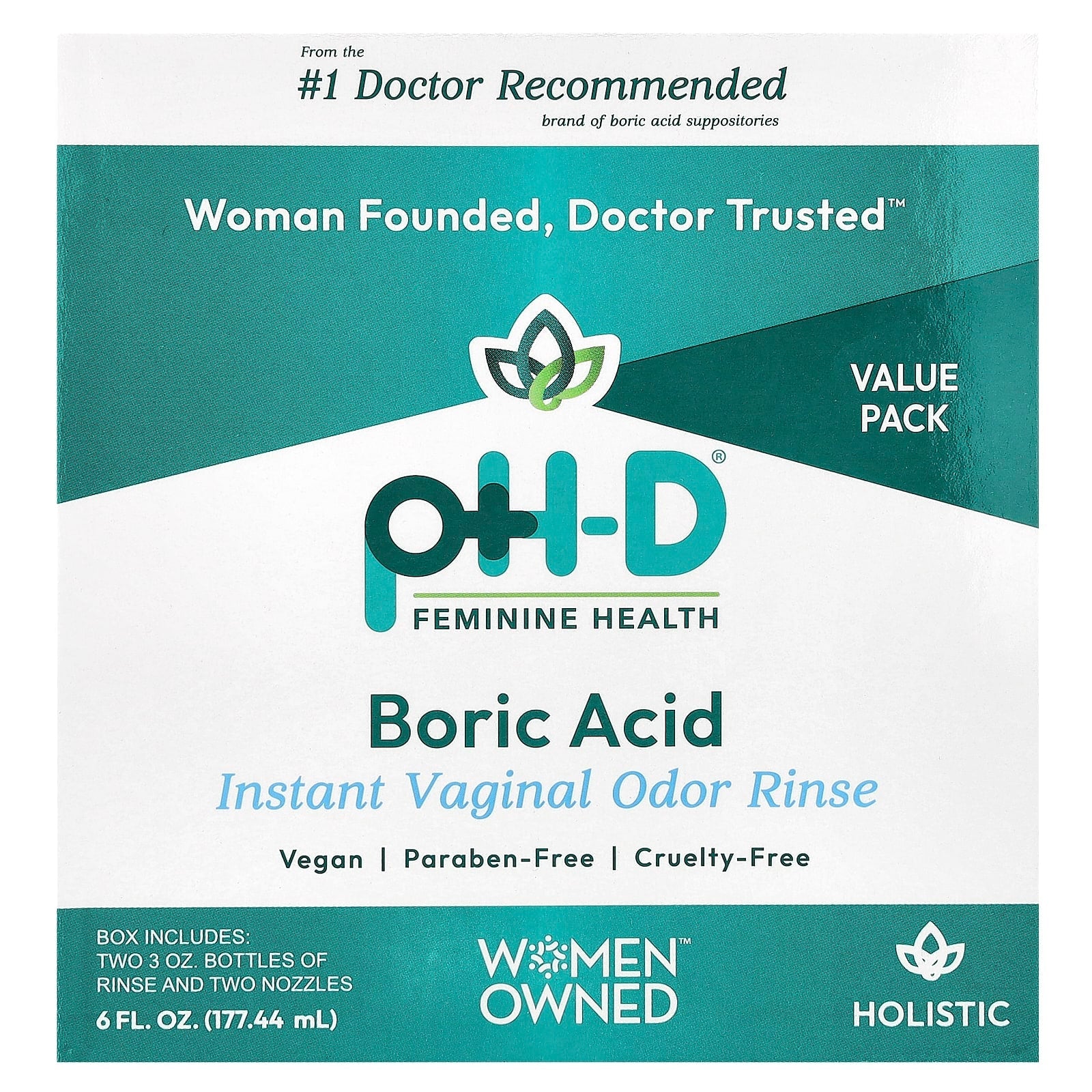 pH-D Feminine Health, Boric Acid, Instant Vaginal Odor Rinse, 2 Bottles & 2 Nozzles , 6 fl oz (177.44 ml) - Image 1