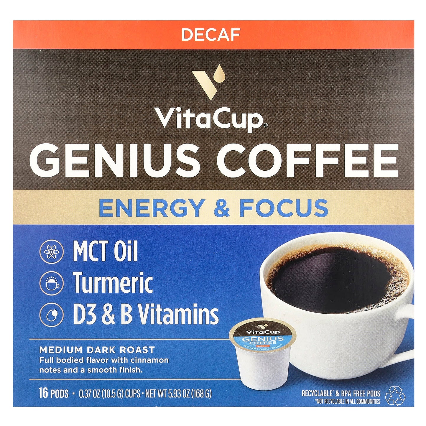 VitaCup, Genius Coffee, Medium Dark Roast, Decaf, 16 Pods, 0.37 oz (10.5 g) Each - Image 1
