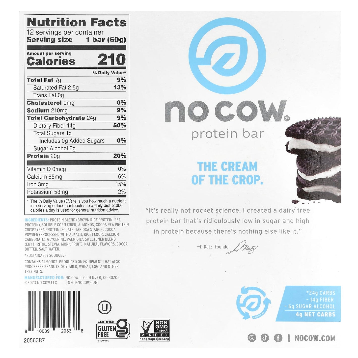No Cow, Protein Bar, Cookies'N Cream, 12 Bars, 2.12 oz (60 g) Each - Image 2