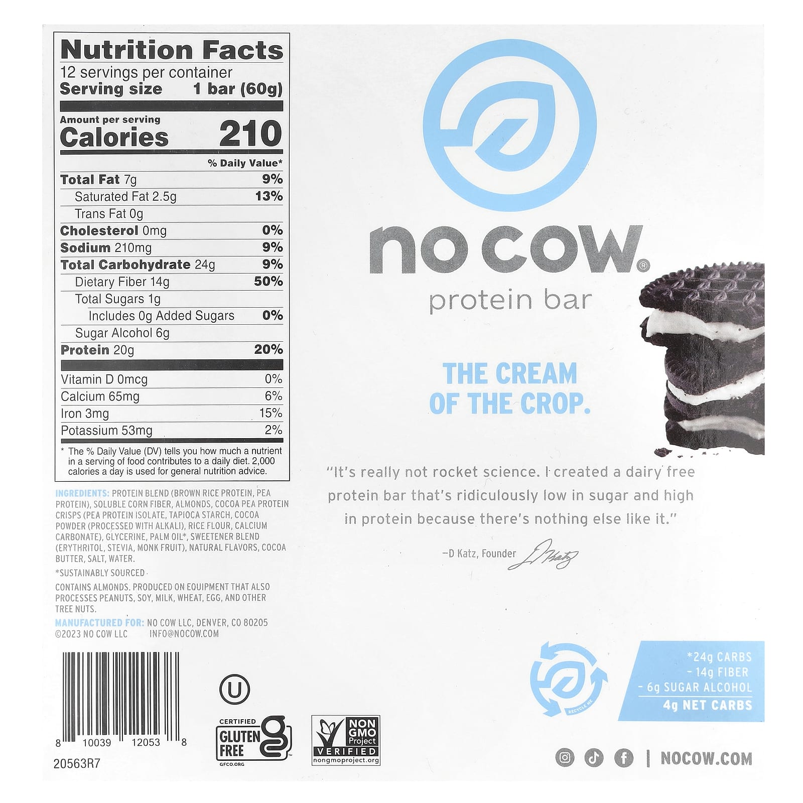 No Cow, Protein Bar, Cookies'N Cream, 12 Bars, 2.12 oz (60 g) Each - Image 2