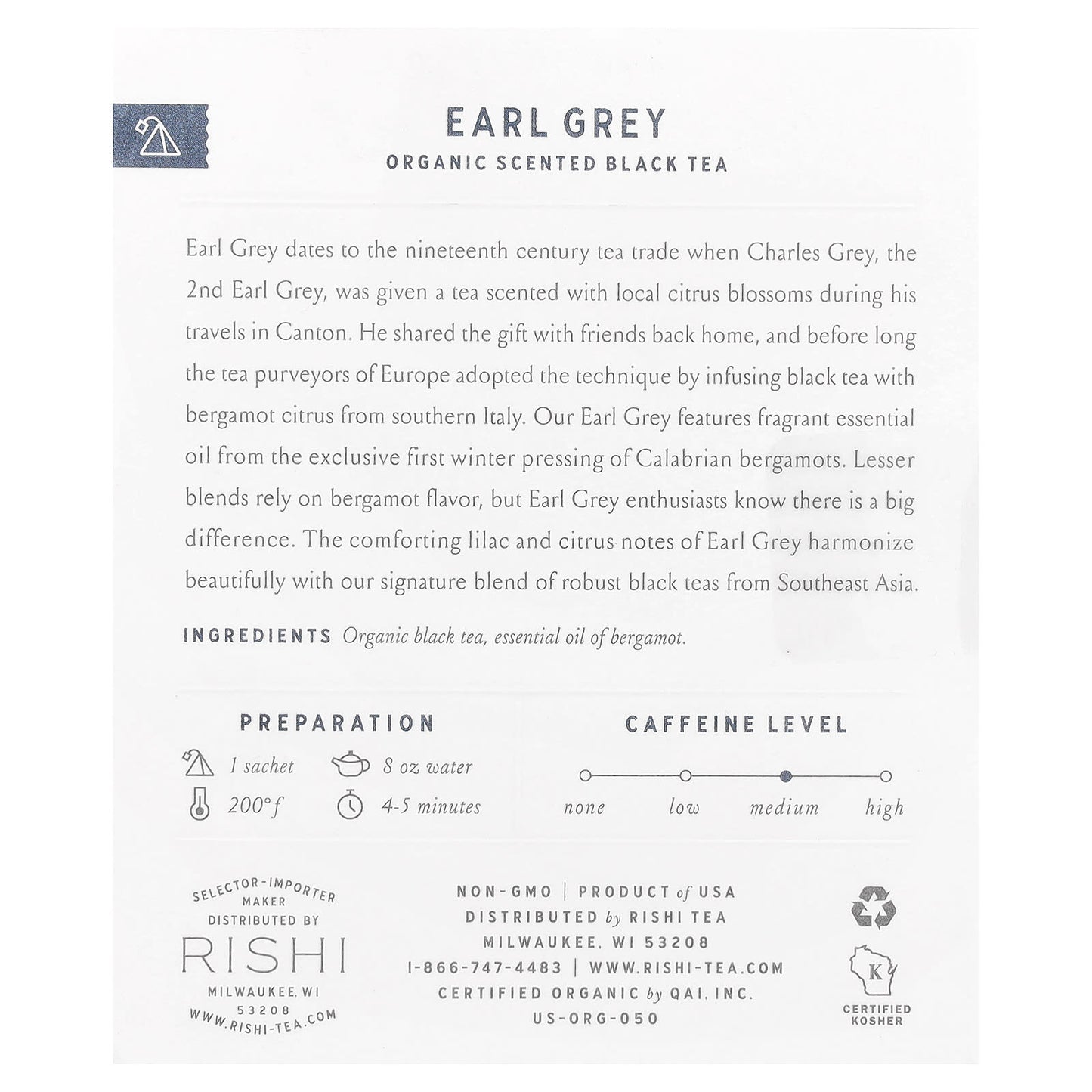 Rishi Tea, Organic Scented Black Tea, Earl Grey, 15 Sachets, 1.48 oz (42 g) - Image 2