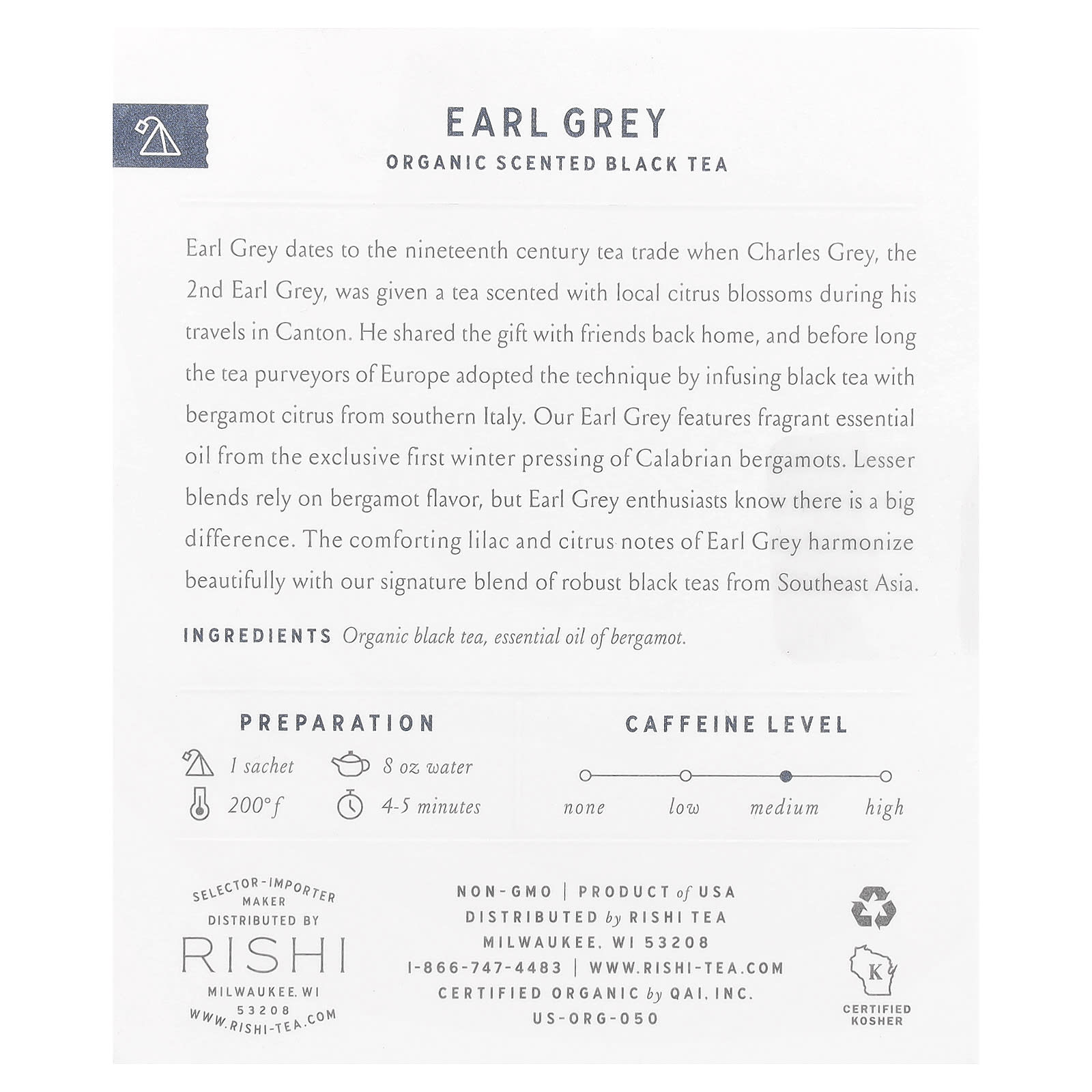 Rishi Tea, Organic Scented Black Tea, Earl Grey, 15 Sachets, 1.48 oz (42 g) - Image 2