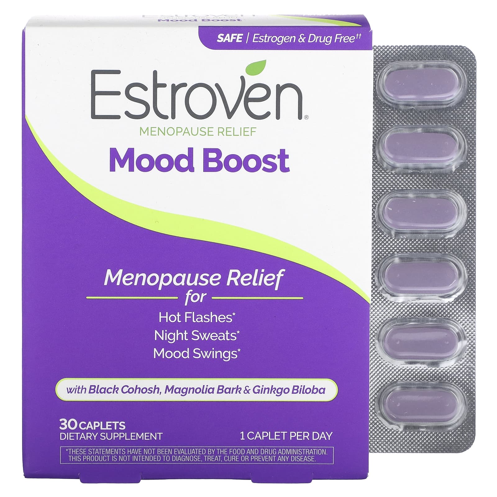 Menopause Relief with Estroven Mood Boost, 30 Caplets for Hot Flashes - Image 1