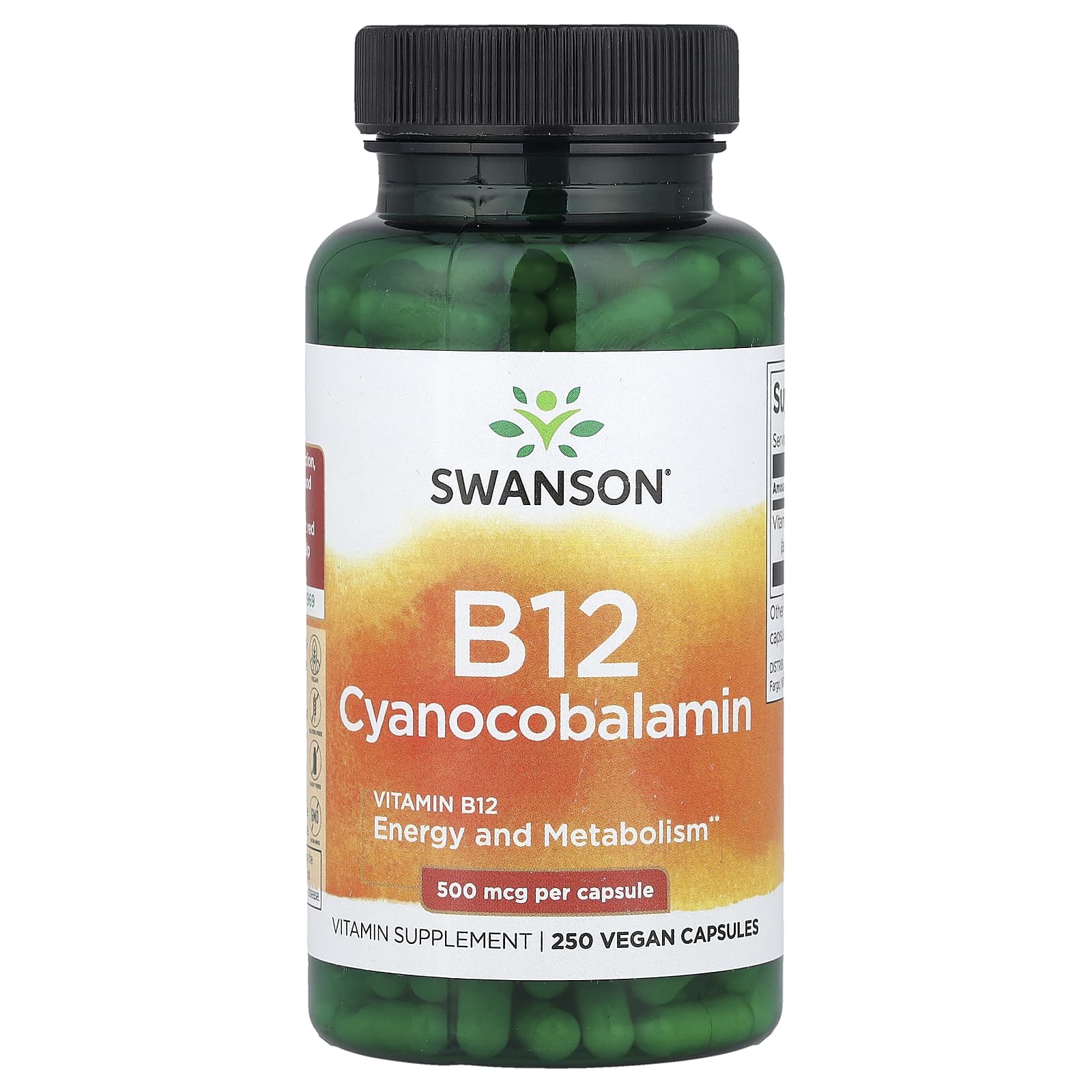 Swanson, Vitamin B12, (Cyanocobalamin), 500 mcg, 250 Vegan Capsules - Image 1