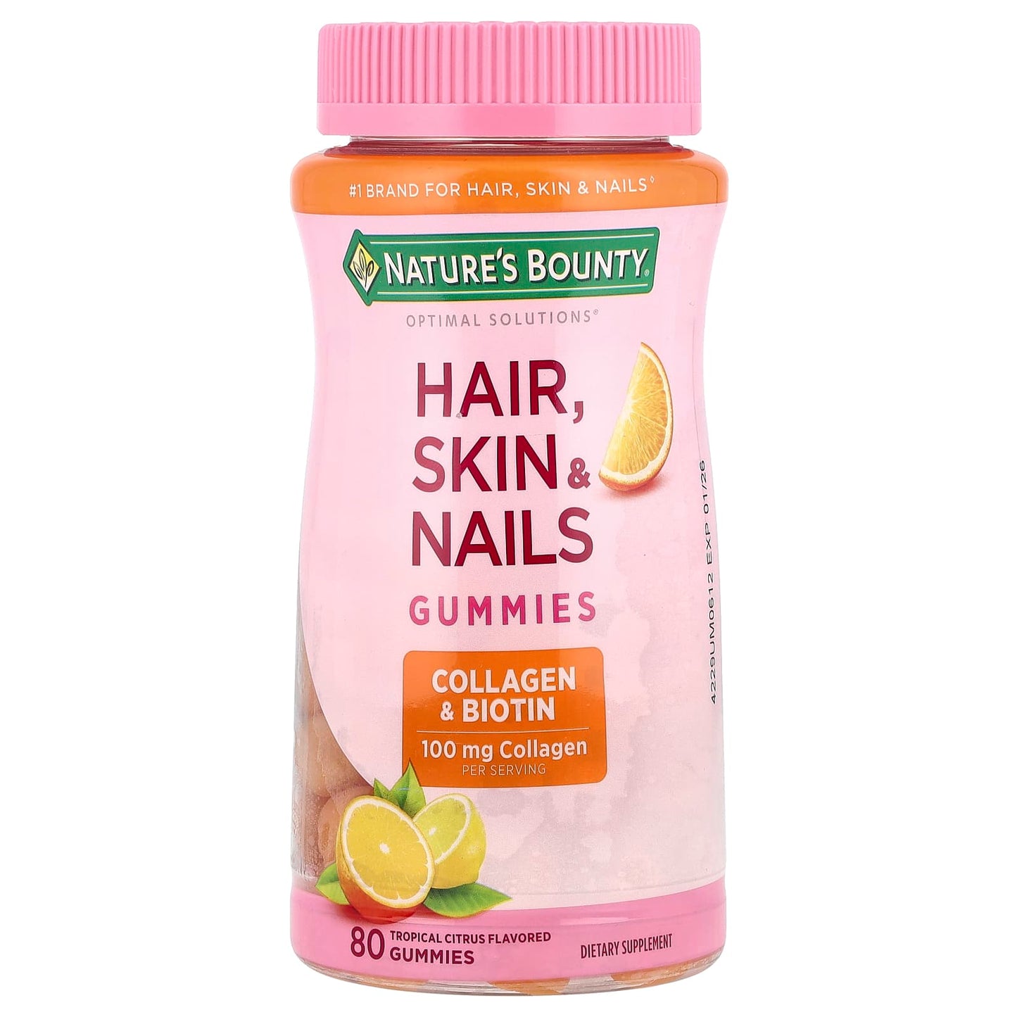 Nature's Bounty, Optimal Solutions®, Hair, Skin, & Nails Gummies, Collagen & Biotin, Tropical Citrus, 80 Gummies - Image 1