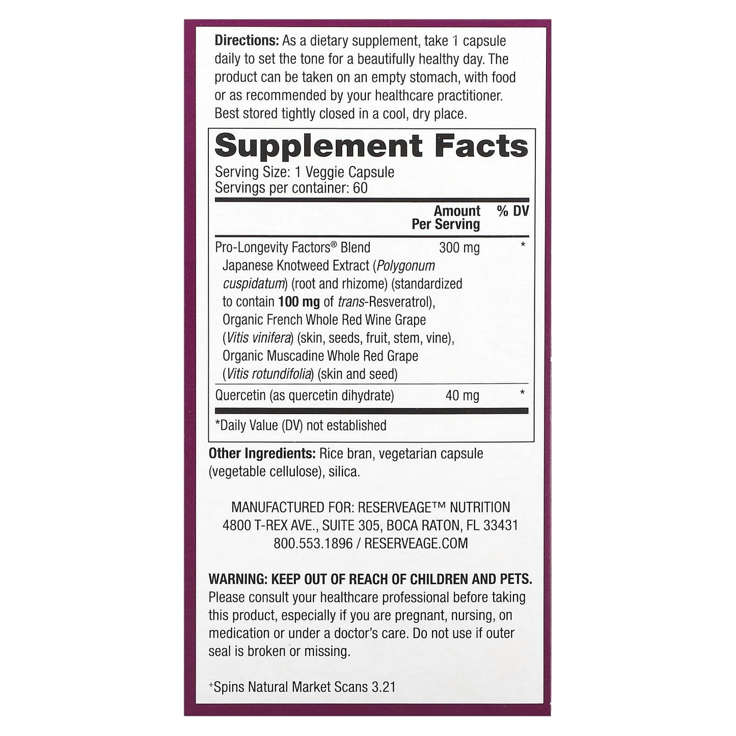 Reserveage Beauty, Resveratrol, 100 mg, 60 Veggie Capsules - Image 2