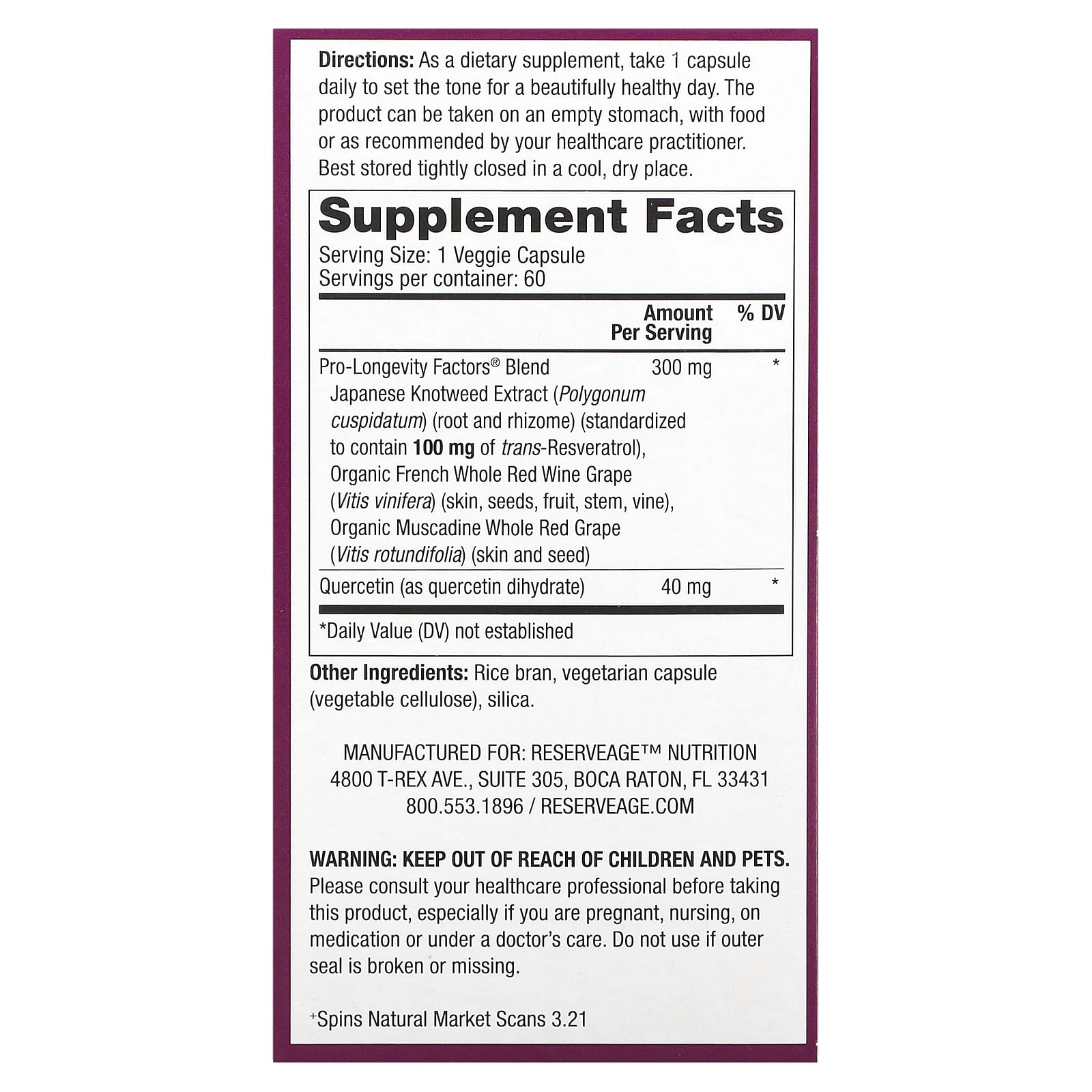 Reserveage Beauty, Resveratrol, 100 mg, 60 Veggie Capsules - Image 2