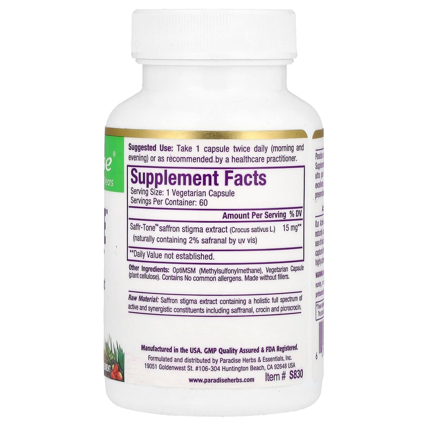 Paradise Herbs, Saffr-Tone, 15 mg, 60 Vegetarian Capsules - Image 2