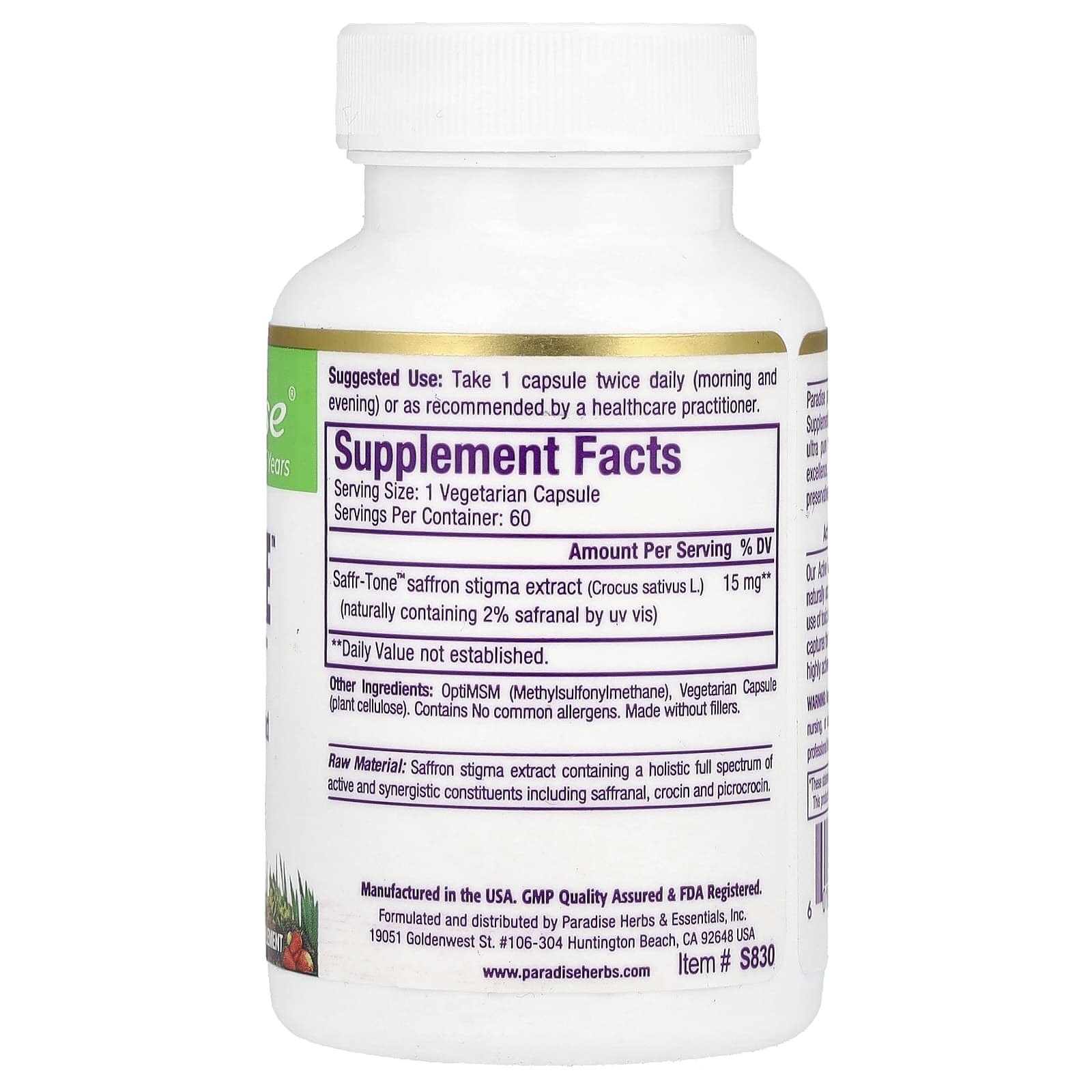 Paradise Herbs, Saffr-Tone, 15 mg, 60 Vegetarian Capsules - Image 2