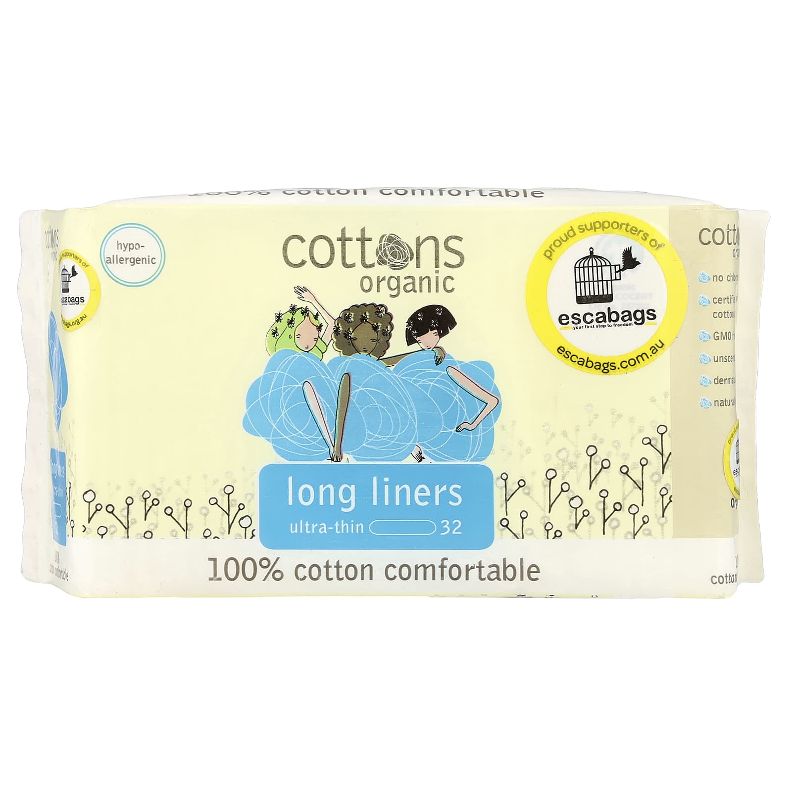 Cottons Ultra-Thin Long Liners | 32 Count | Organic, Unscented, Hypo-Allergenic - Image 1