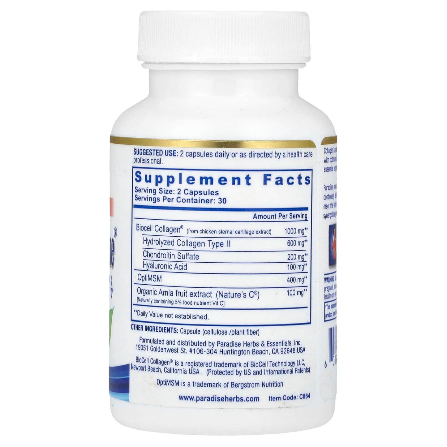 Paradise Herbs, Collagen Extreme® with BioCell Collagen, OptiMSM & Nature's C®, 60 Capsules - Image 2