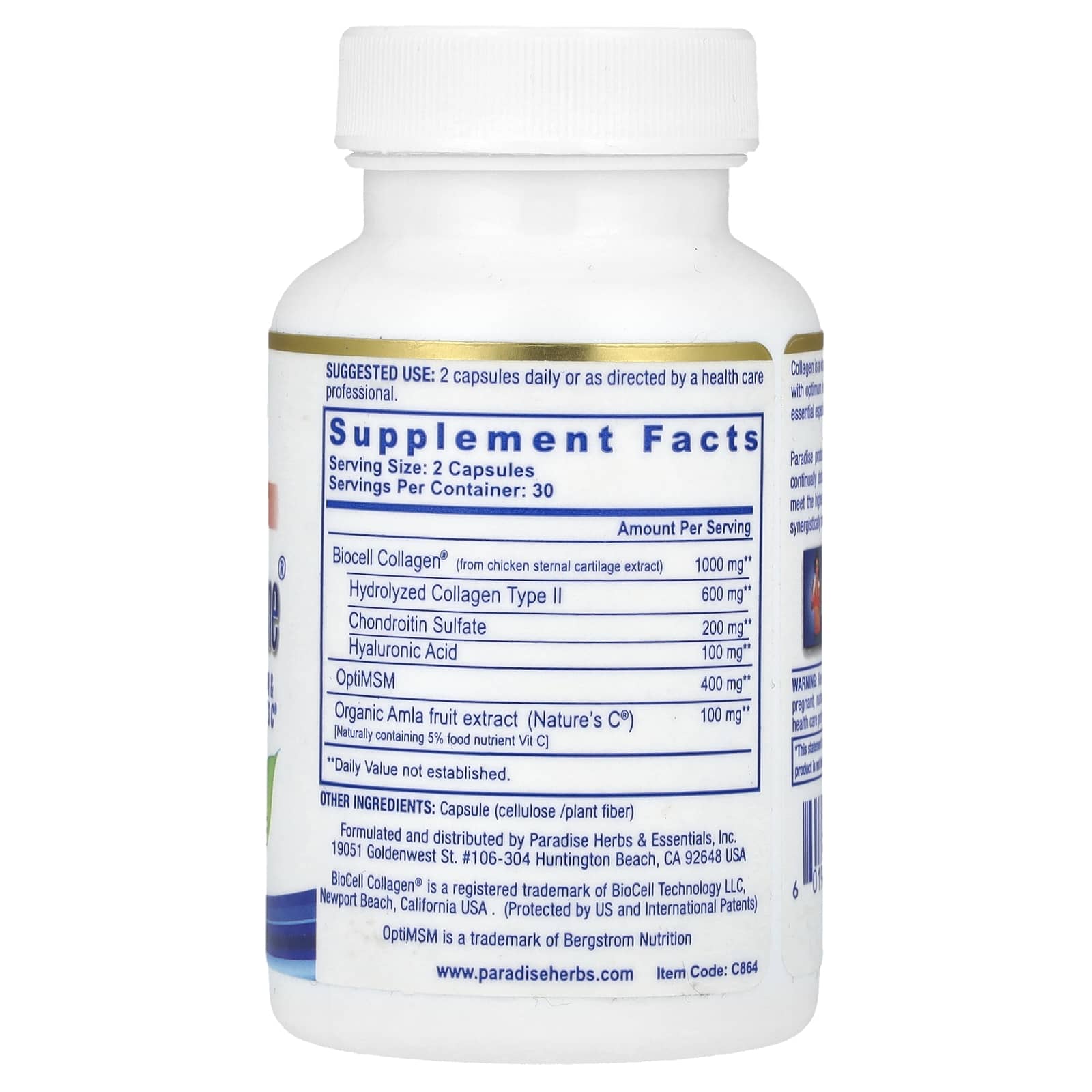 Paradise Herbs, Collagen Extreme® with BioCell Collagen, OptiMSM & Nature's C®, 60 Capsules - Image 2