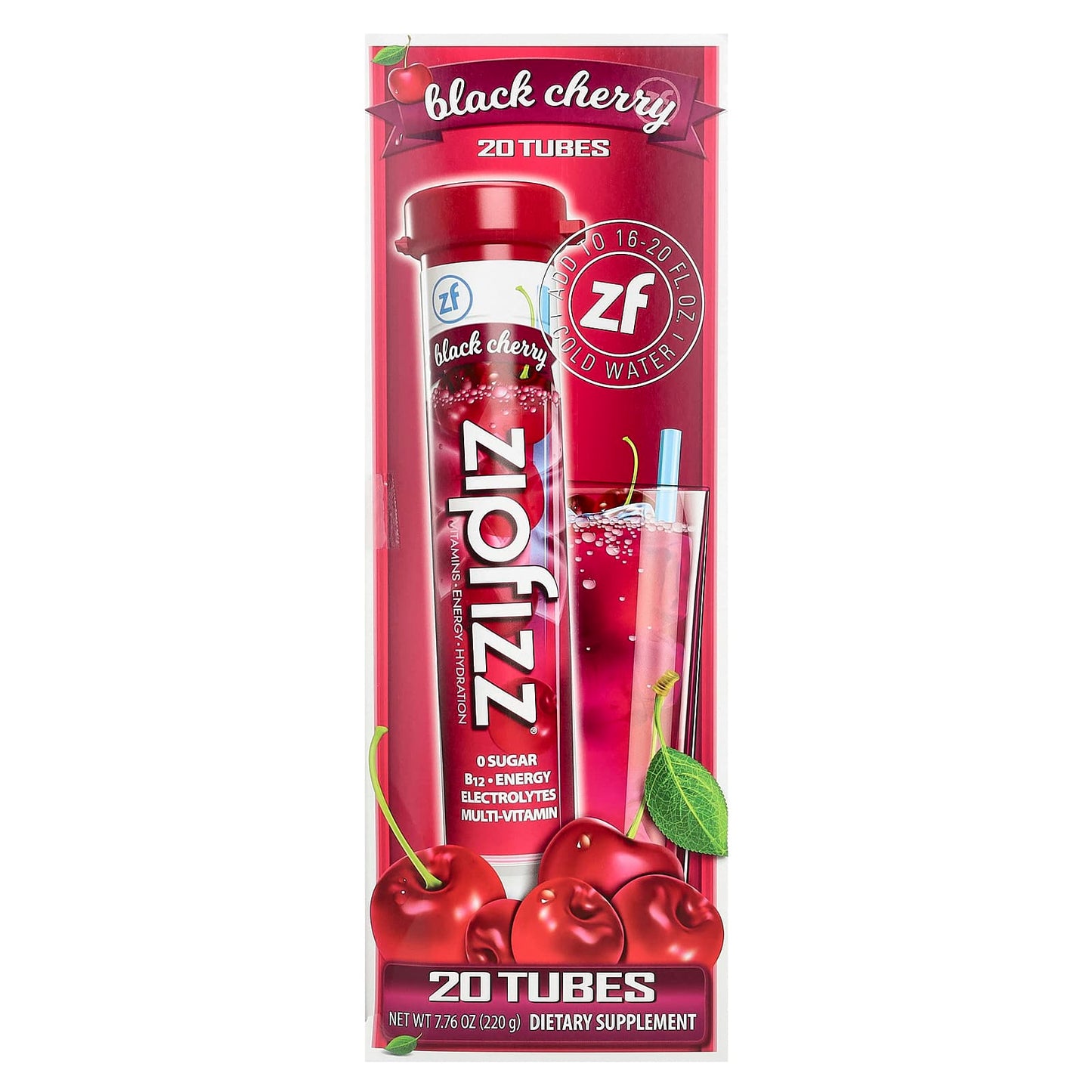 Zipfizz, Energy Drink Mix, Black Cherry, 20 Tubes, 0.39 oz (11 g) Each - Image 1
