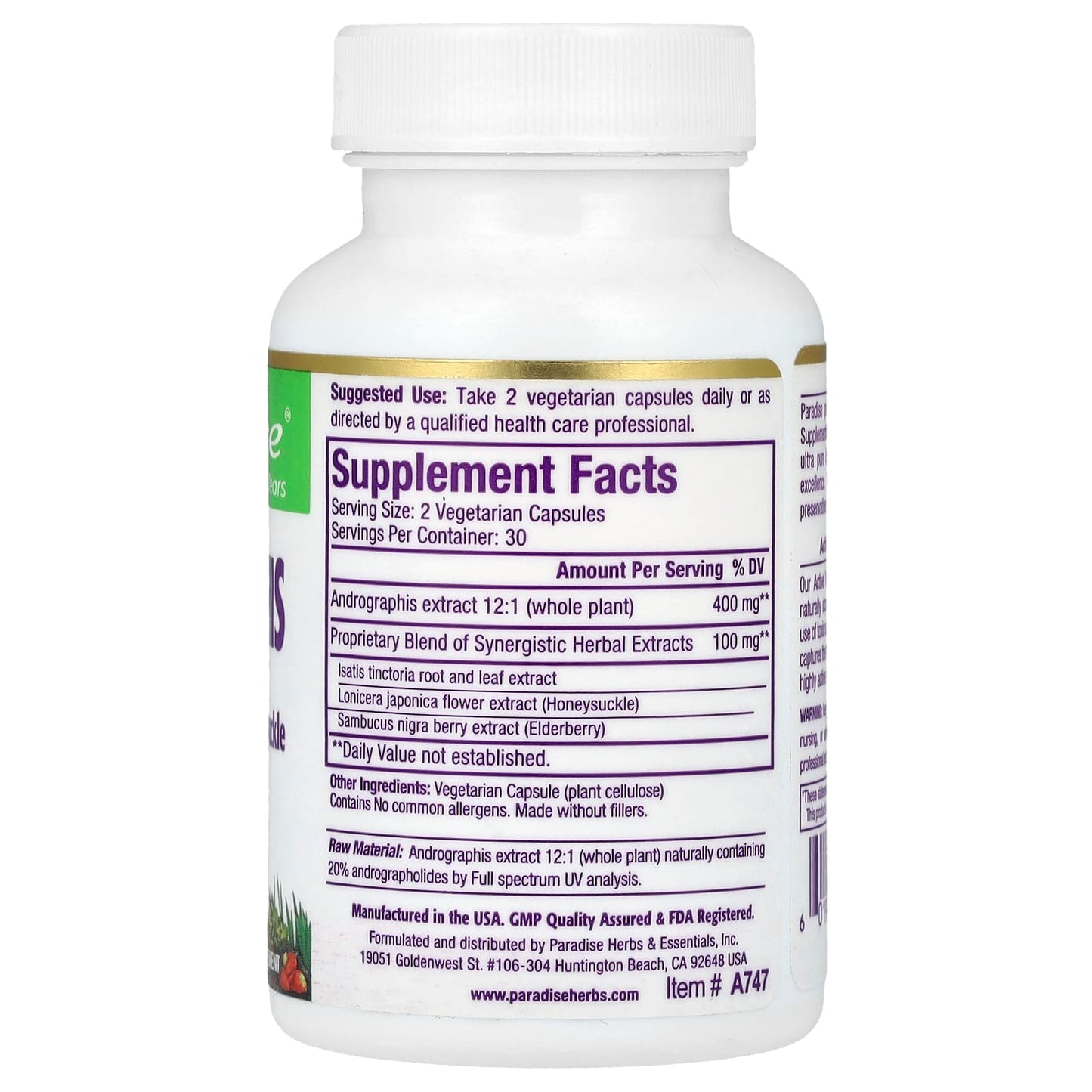 Paradise Herbs, Andrographis, 60 Vegetarian Capsules - Image 2