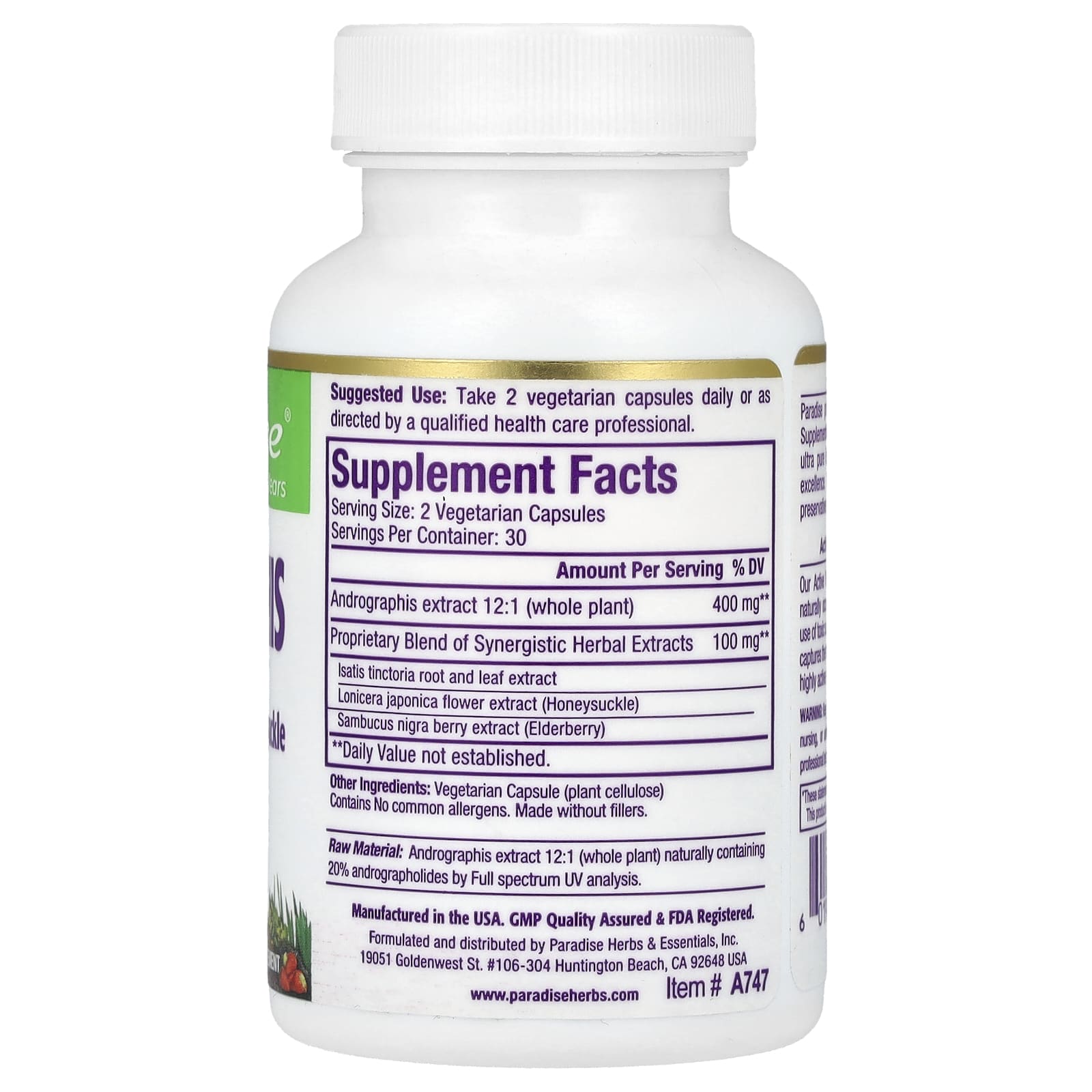 Paradise Herbs, Andrographis, 60 Vegetarian Capsules - Image 2