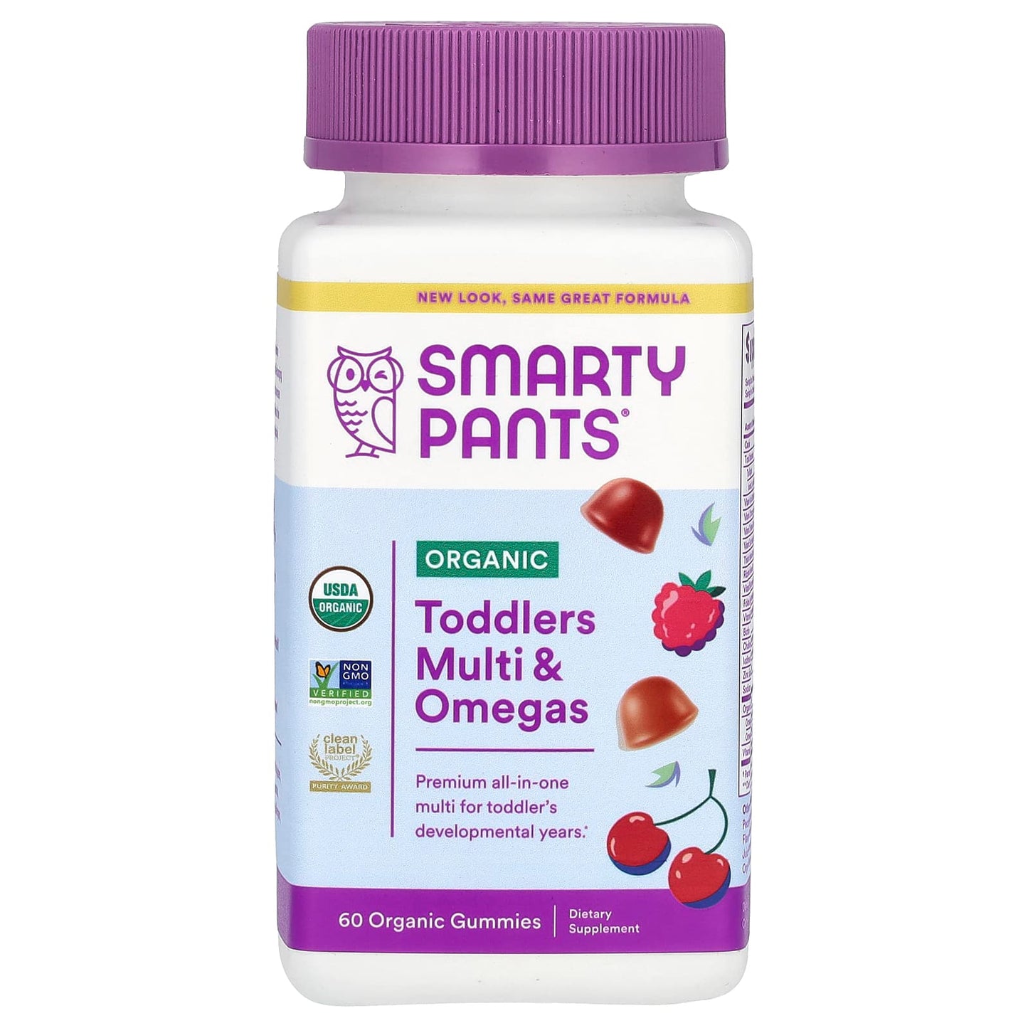 SmartyPants, Organic Toddlers Multi & Omegas Gummies, Cherry and Mixed Berry, 60 Organic Gummies - Image 1