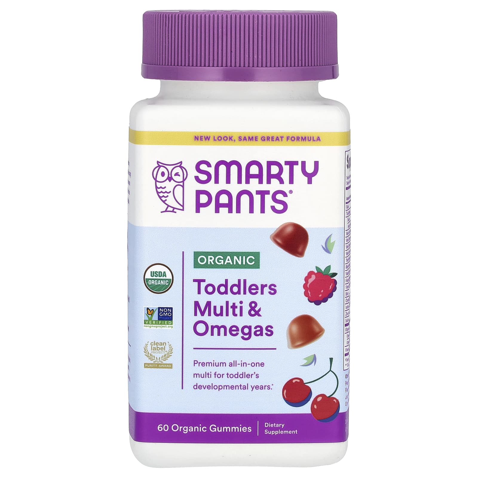 SmartyPants, Organic Toddlers Multi & Omegas Gummies, Cherry and Mixed Berry, 60 Organic Gummies - Image 1