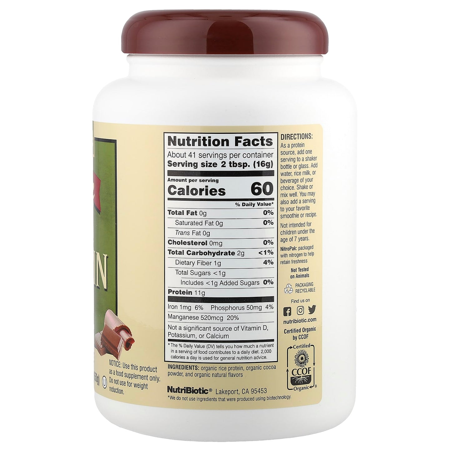 NutriBiotic, Organic Rice Protein Powder, Chocolate, 1 lb 6.93 oz (650 g) - Image 2