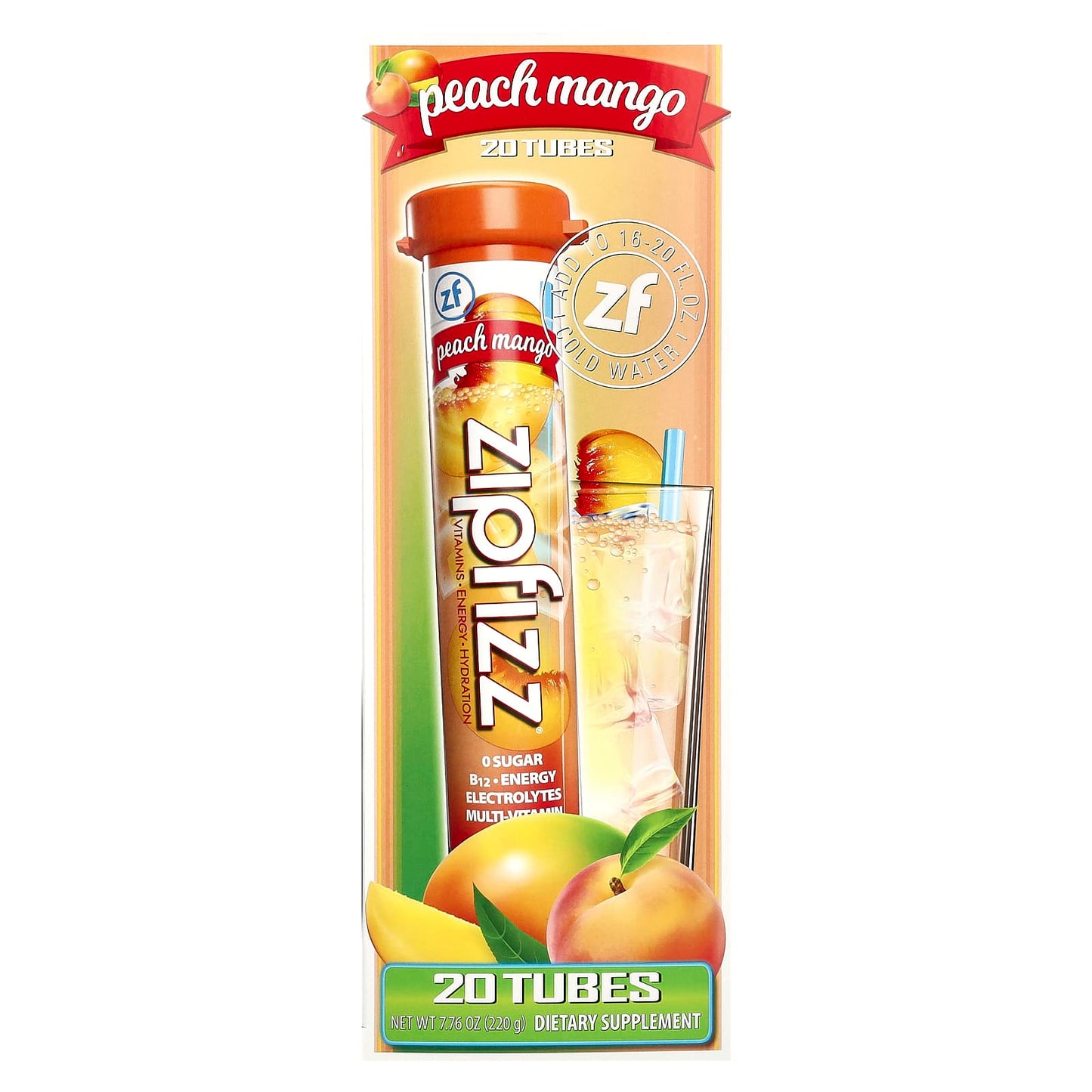 Zipfizz, Energy Drink Mix, Peach Mango, 20 Tubes, 0.39 oz (11 g) Each - Image 1