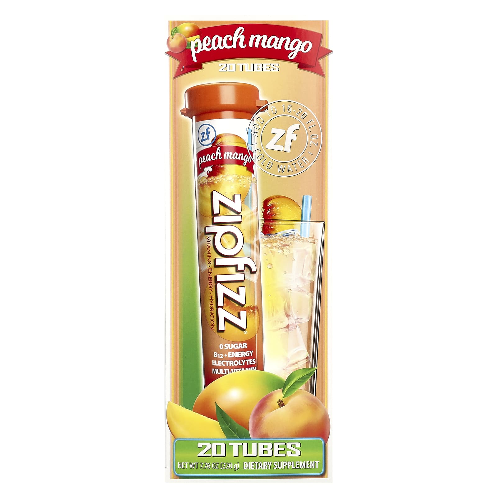 Zipfizz, Energy Drink Mix, Peach Mango, 20 Tubes, 0.39 oz (11 g) Each - Image 1