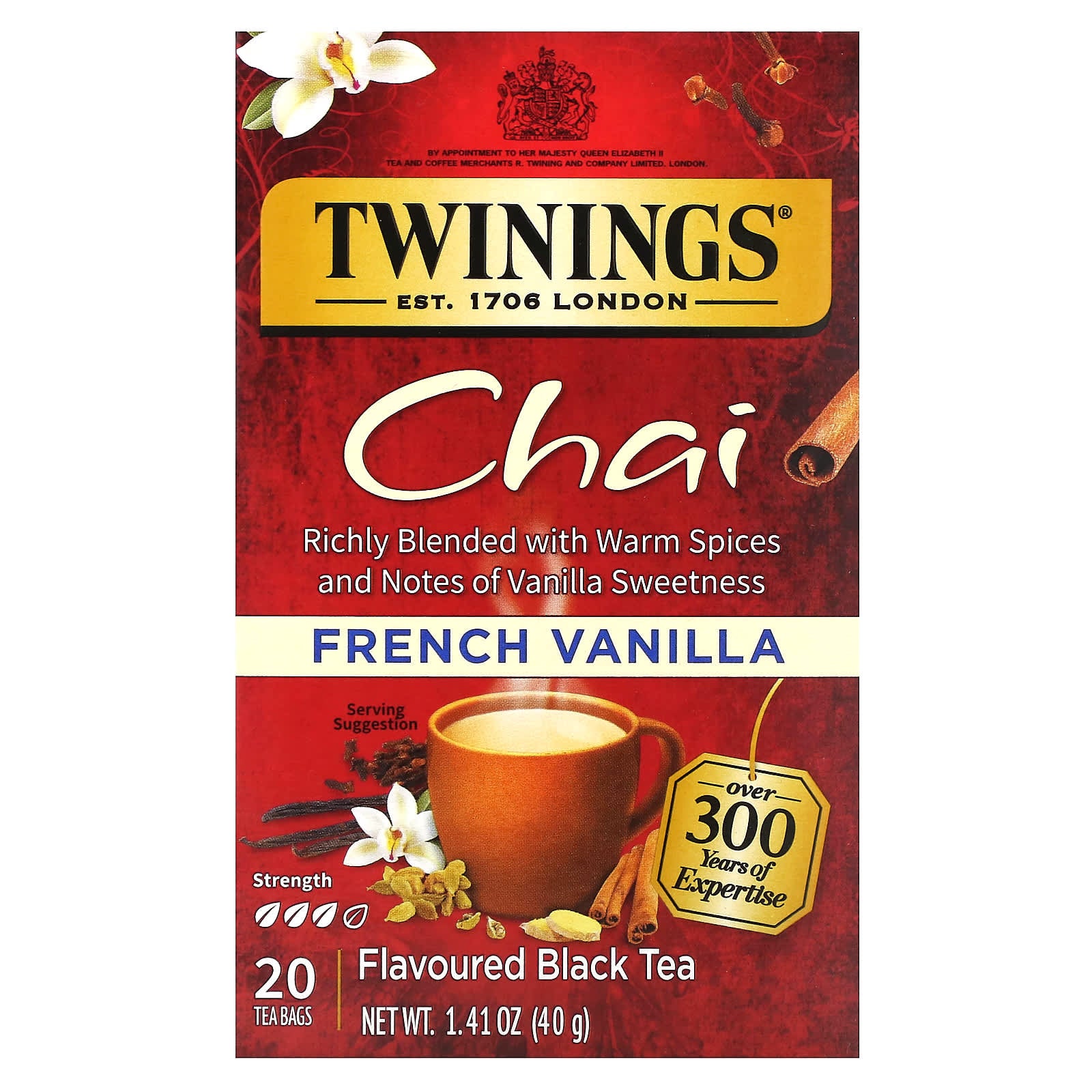Twinings, Flavored Black Tea, Chai, French Vanilla, 20 Tea Bags, 1.41 oz (40 g) - Image 1