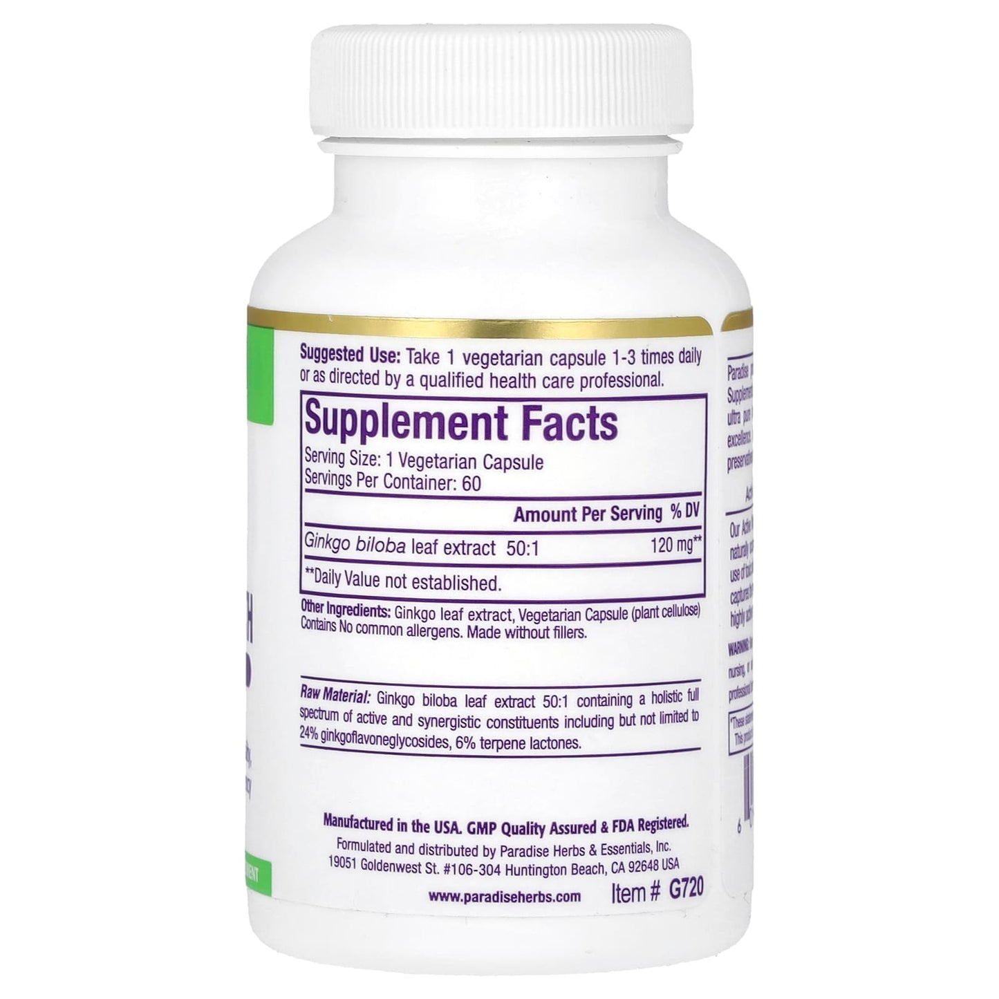 Paradise Herbs, Ginkgo, Extra Strength, 120 mg, 60 Vegetarian Capsules - Image 2