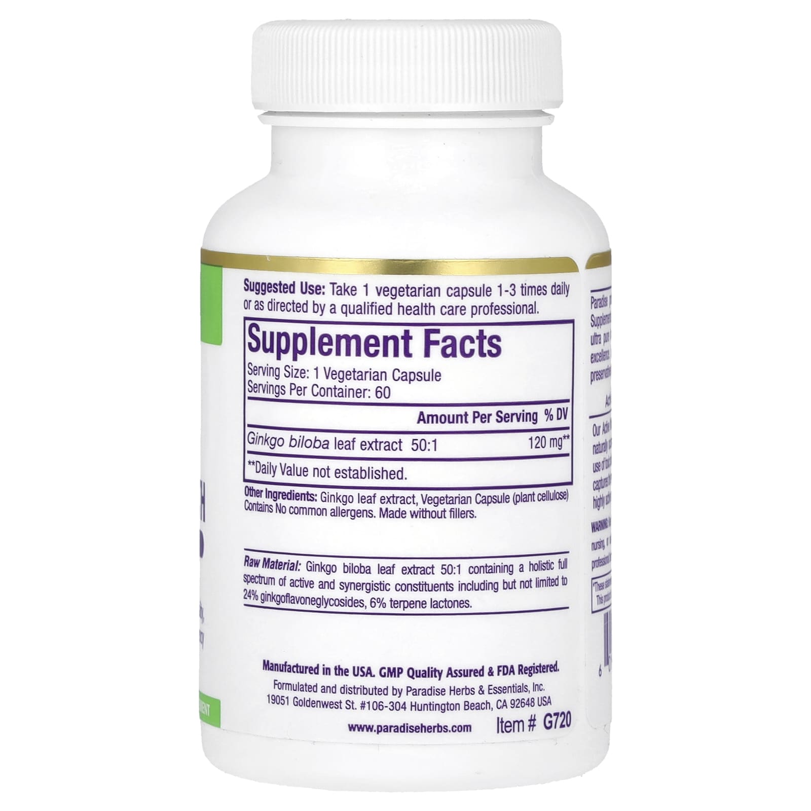 Paradise Herbs, Ginkgo, Extra Strength, 120 mg, 60 Vegetarian Capsules - Image 2