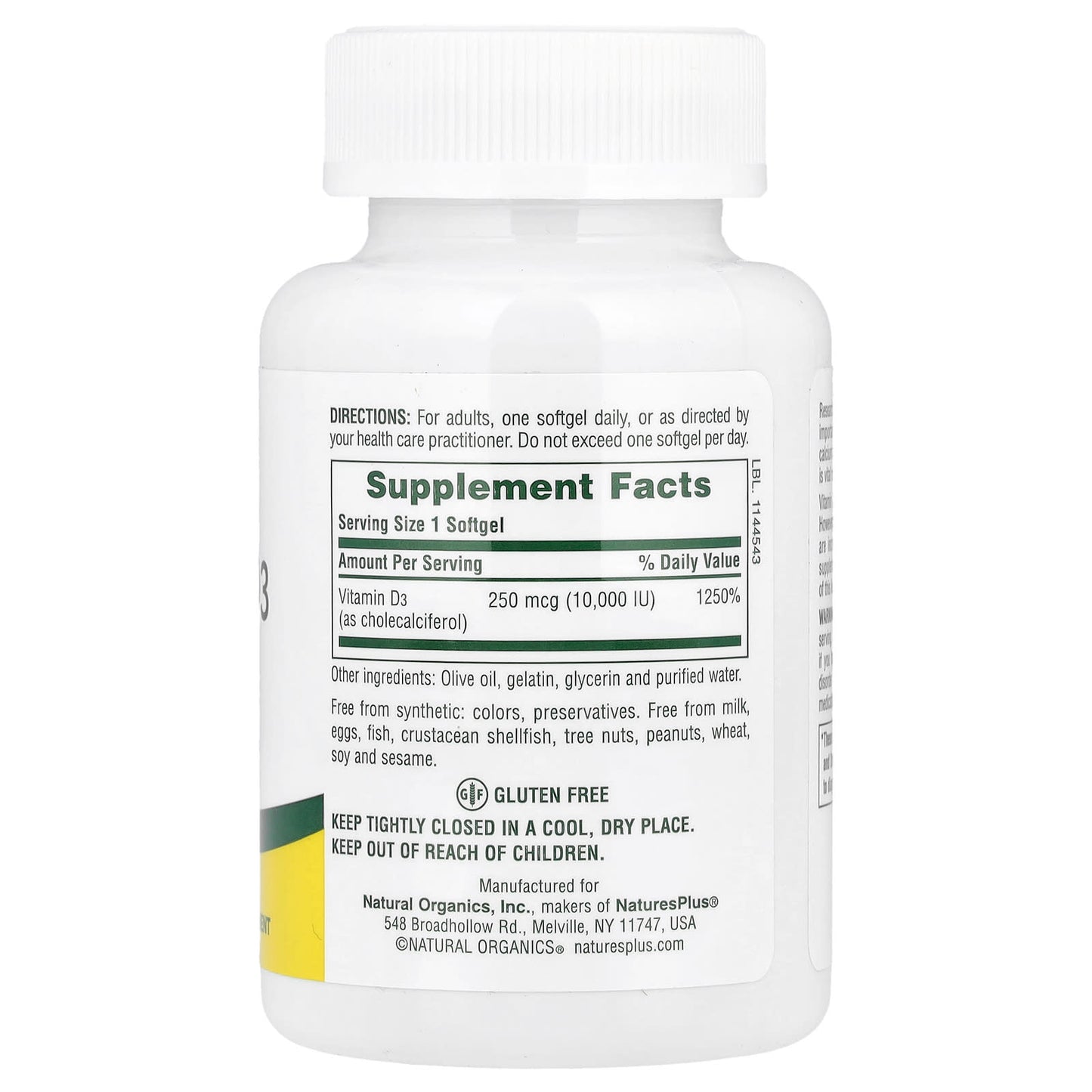 NaturesPlus, Vitamin D3, 250 mcg (10,000 IU), 60 Softgels - Image 2