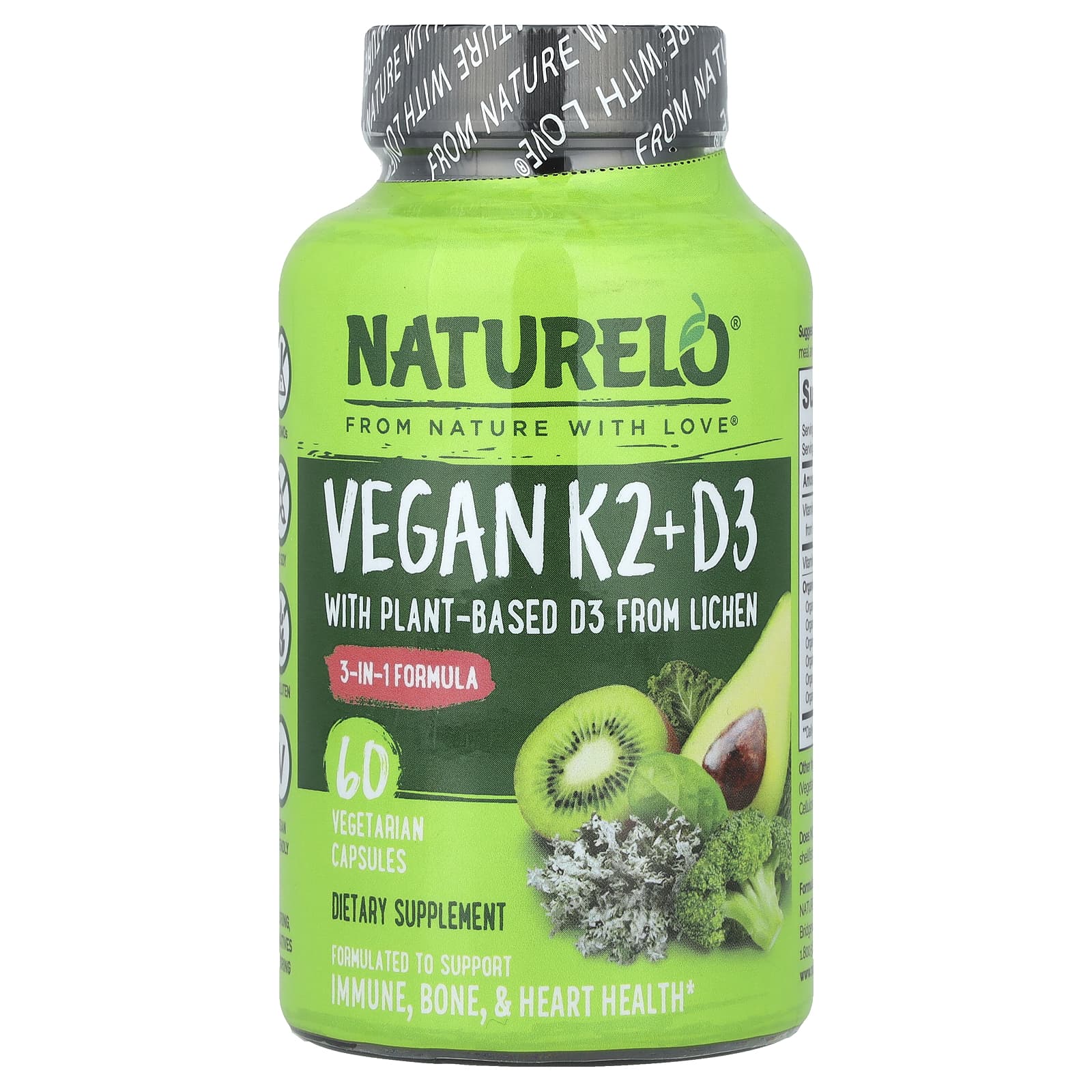 NATURELO, Vegan Vitamin K2 + D3, 60 Vegetarian Capsules - Image 1