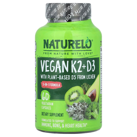 NATURELO, Vegan Vitamin K2 + D3, 60 Vegetarian Capsules - Image 1