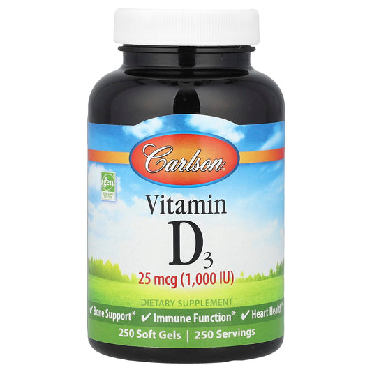 Carlson Vitamin D3 25 mcg 1000 IU 250 Soft Gels for Immune & Bone Health - Image 1