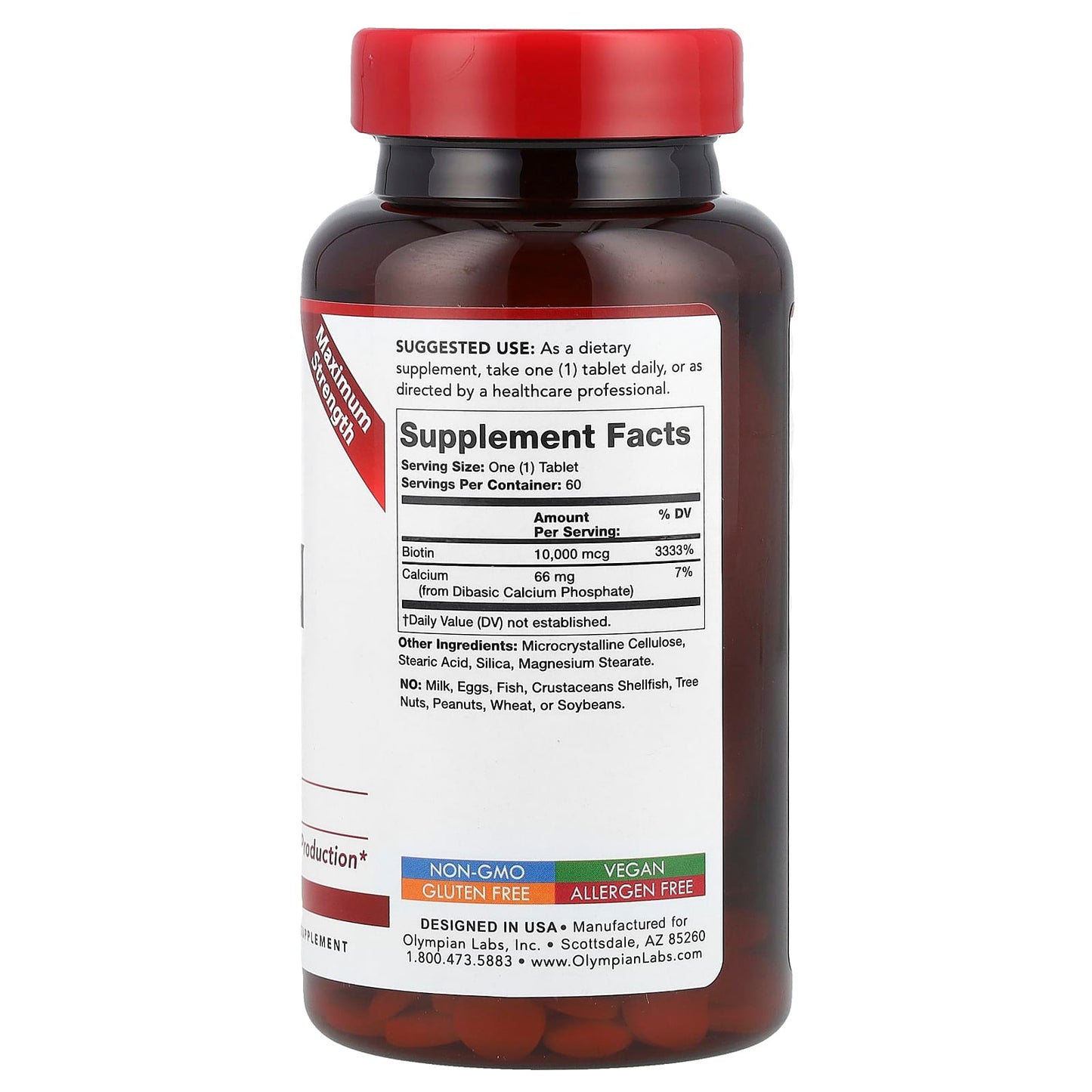 Olympian Labs, Biotin, Maximum Strength, 10,000 mcg, 60 Tablets - Image 2
