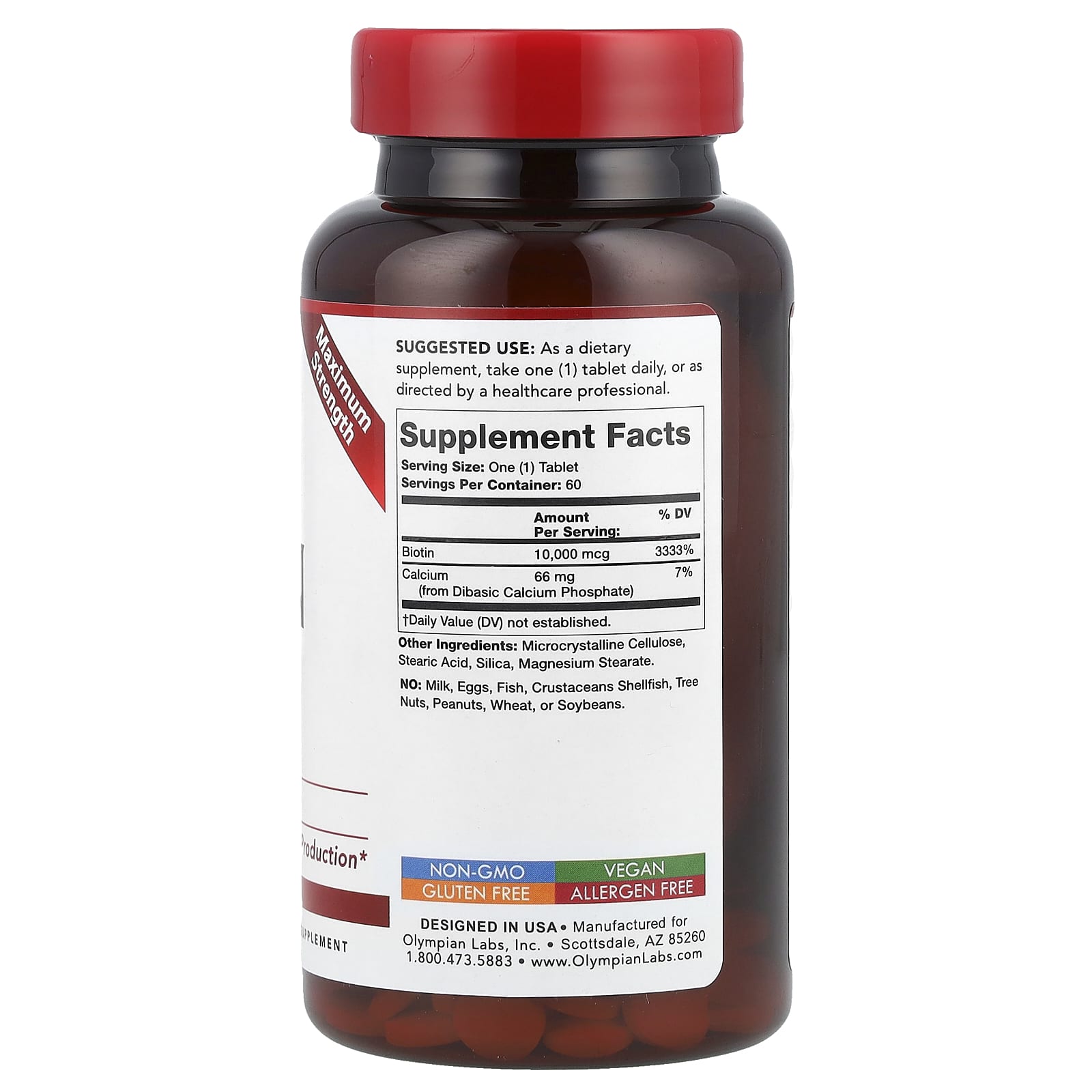 Olympian Labs, Biotin, Maximum Strength, 10,000 mcg, 60 Tablets - Image 2