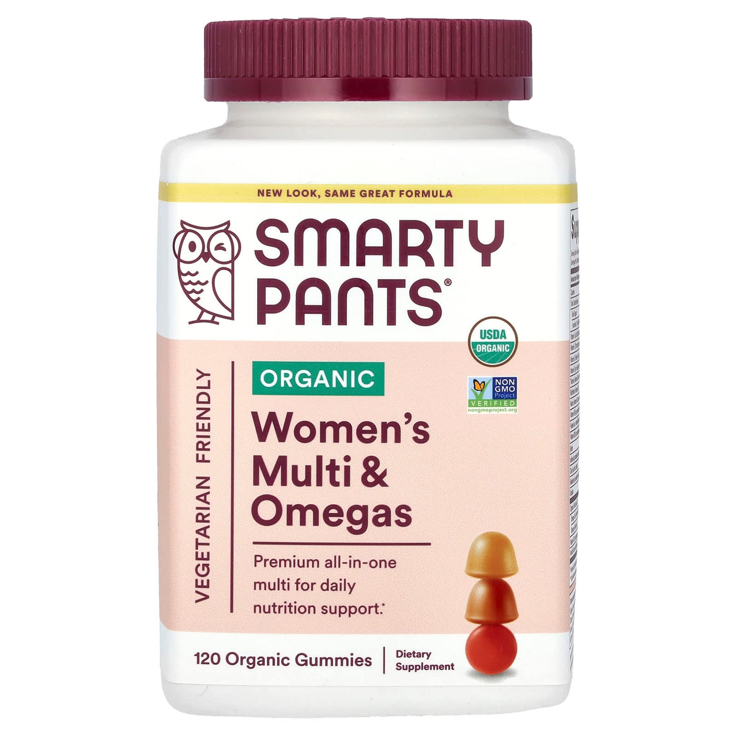 SmartyPants, Organic Women's Multi & Omegas, Raspberries, Lemon Lime and Grape, 120 Organic Gummies - Image 1