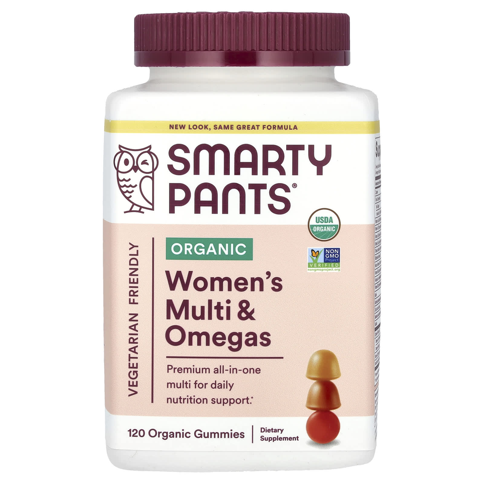 SmartyPants, Organic Women's Multi & Omegas, Raspberries, Lemon Lime and Grape, 120 Organic Gummies - Image 1