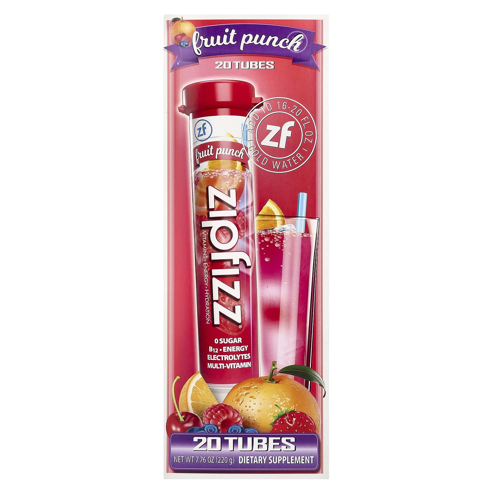 Zipfizz, Energy Drink Mix, Fruit Punch, 20 Tubes, 0.39 oz (11 g) Each - Image 1
