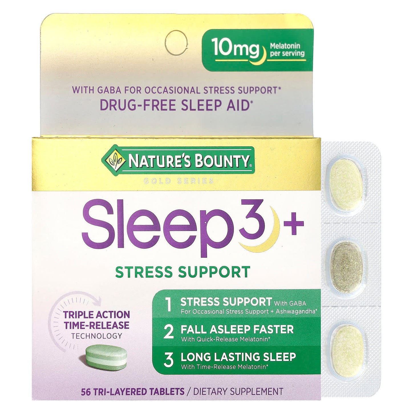 Nature's Bounty, Sleep 3 +, Stress Support, 56 Tri-Layered Tablets - Image 1