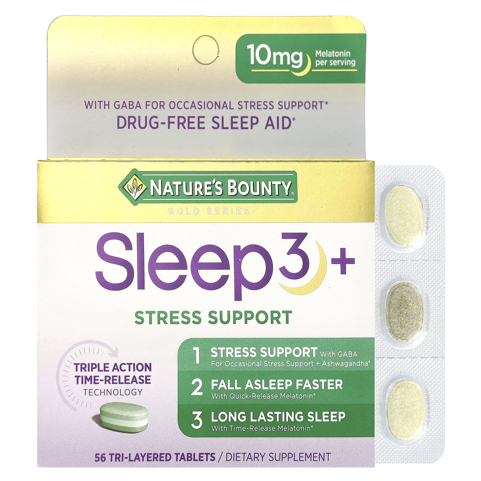 Nature's Bounty, Sleep 3 +, Stress Support, 56 Tri-Layered Tablets - Image 1