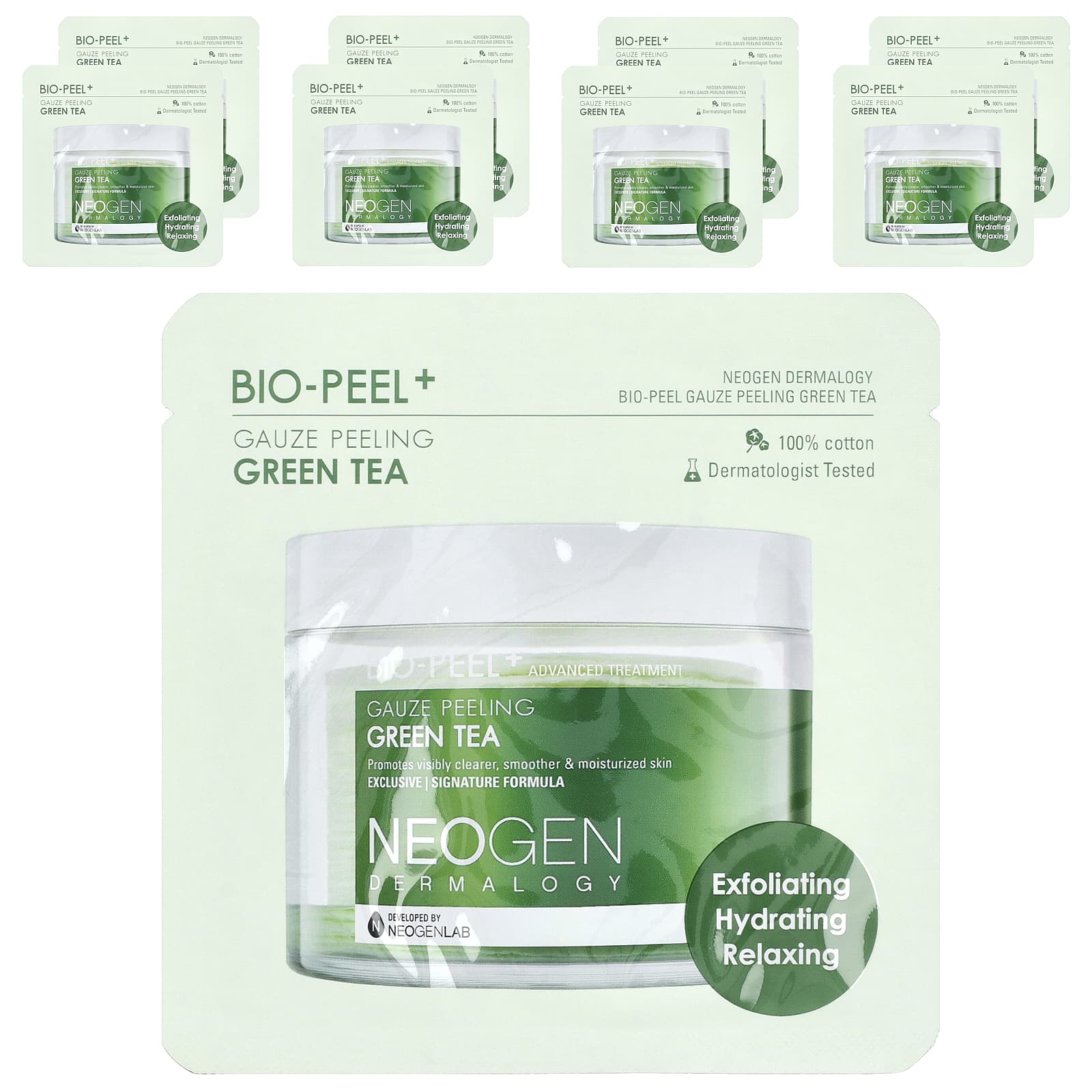 Neogen, Bio-Peel+ Gauze Peeling Green Tea, 8 Pads, 0.32 fl oz (9.5 ml) Each - Image 1