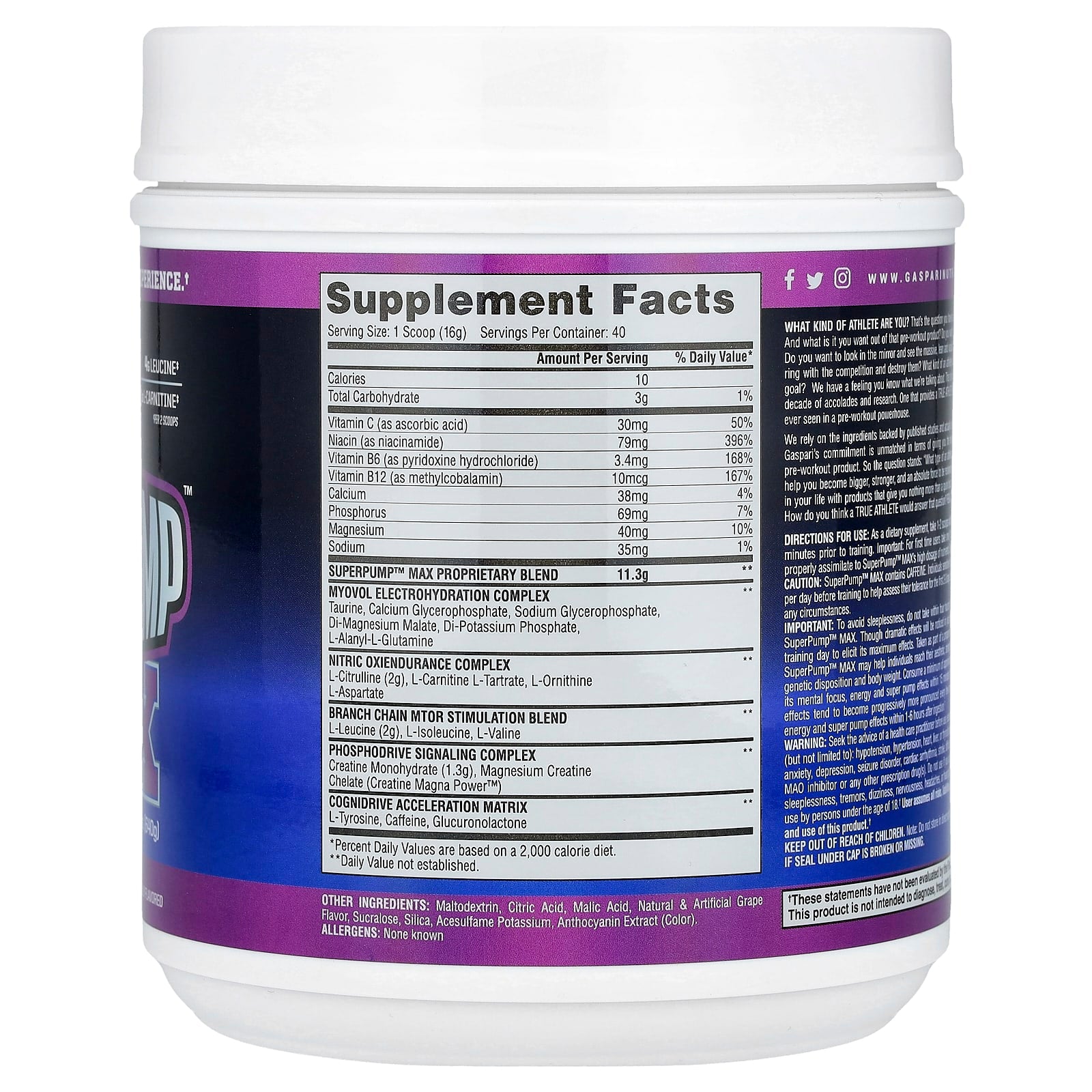 Gaspari Nutrition SuperPump Max Pre Workout Supplement, Grape Cooler, 1.41 lbs - Image 2