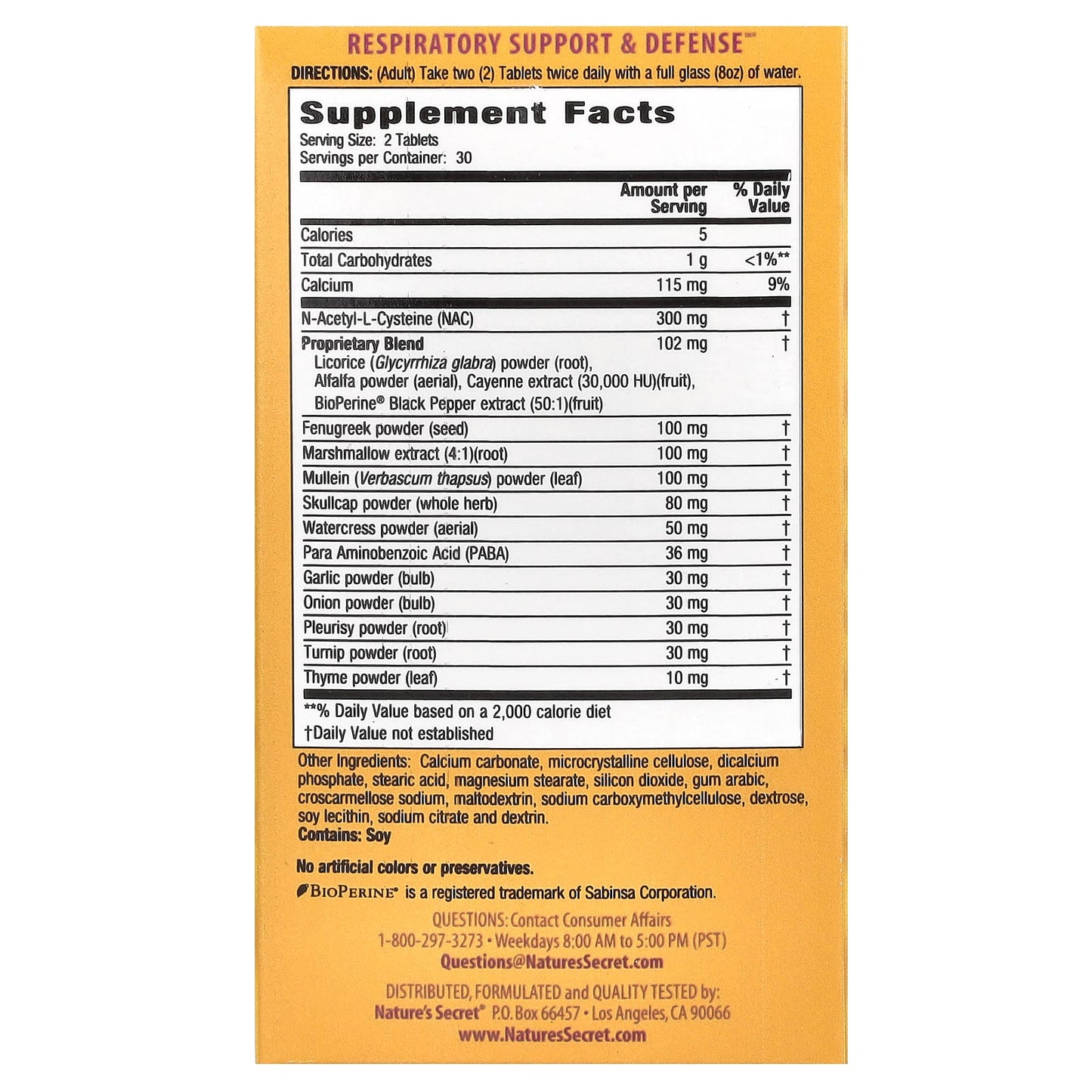 Nature's Secret, Respiratory Support & Defense, 60 Tablets - Image 2