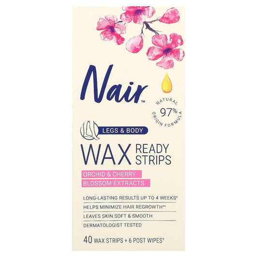 Nair, Wax Ready-Strips, For Legs & Body, Orchid & Cherry Blossom Extracts, 40 Wax Strips + 6 Post Wipes - Image 1